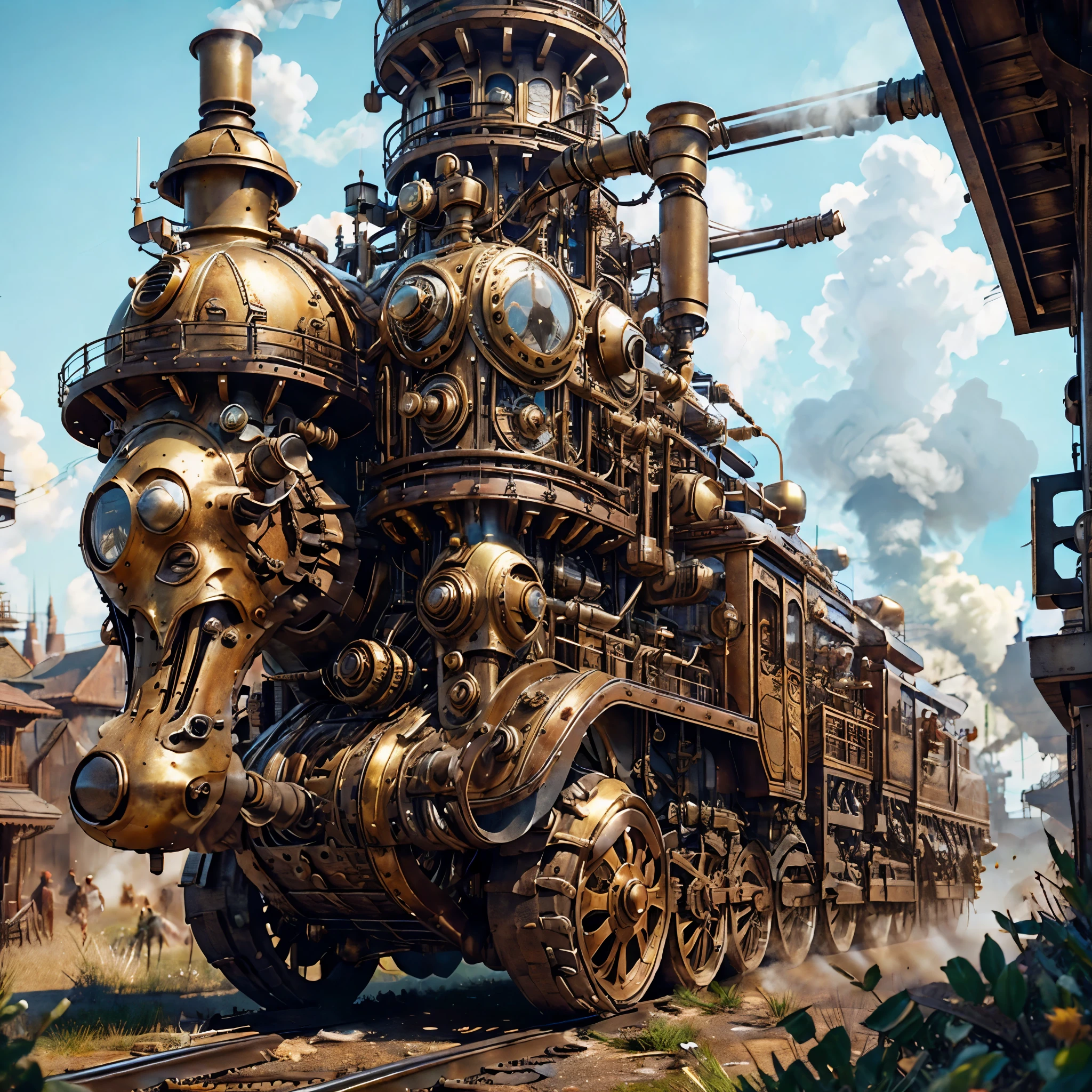 (Best quality: 1.2), ultra-detailed, (realistic, photorealistic, photo-realistic: 1.37), Steampunk scene filled with intricate mechanical wonders, A city where clockwork and steam-powered inventions reign, A mechanical dog with gears for limbs and brass-plated body, Steampunk girl in fashionable Victorian attire, Steampunk fashion adorned with intricate gadgets and lace, Mechanical gadgets whirring and ticking in every hand, Steam train chugging along the industrial landscape, Antique metal structures and vintage lamppost