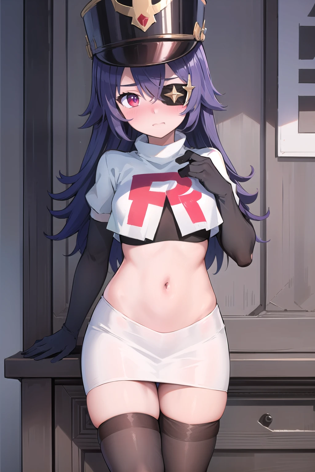 ((masterpiece,best quality)), 1girl, chevreuse, shako cap, eyepatch, blush, team rocket,team rocket uniform, red letter R, white skirt,white crop top,black thigh-highs,black elbow gloves, embarrassed, blush