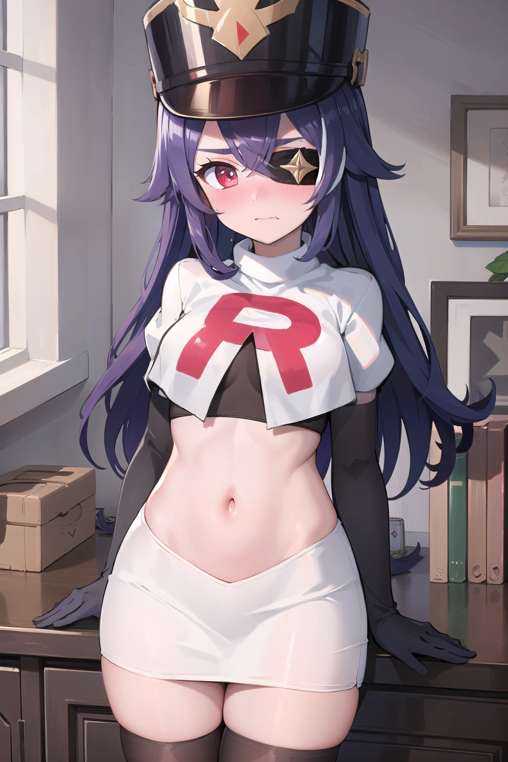 ((masterpiece,best quality)), 1girl, chevreuse, shako cap, eyepatch, blush, team rocket,team rocket uniform, red letter R, white skirt,white crop top,black thigh-highs,black elbow gloves, embarrassed, blush