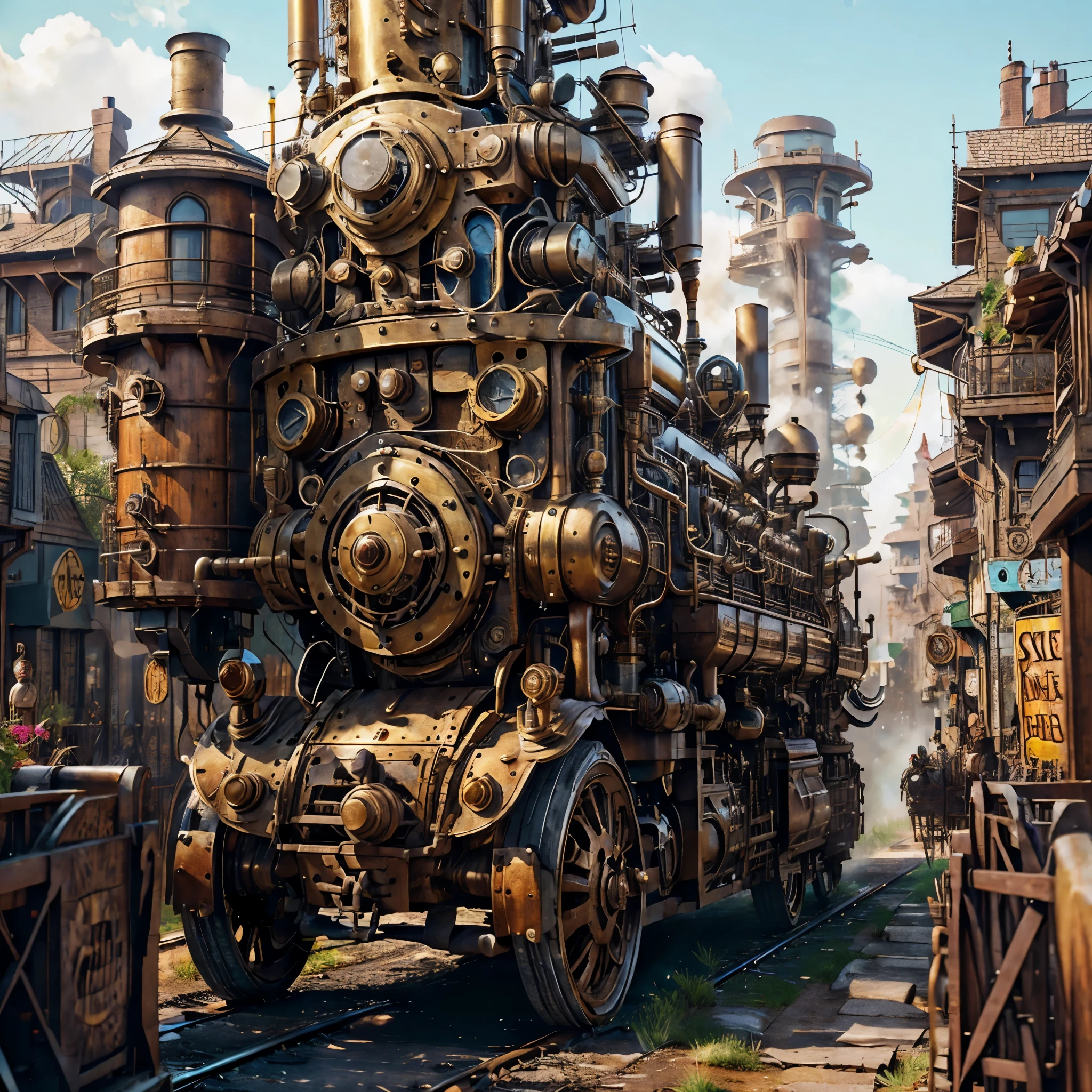 (Best quality: 1.2), ultra-detailed, (realistic, photorealistic, photo-realistic: 1.37), Steampunk scene filled with intricate mechanical wonders, A city where clockwork and steam-powered inventions reign, A mechanical dog with gears for limbs and brass-plated body, Steampunk girl in fashionable Victorian attire, Steampunk fashion adorned with intricate gadgets and lace, Mechanical gadgets whirring and ticking in every hand, Steam train chugging along the industrial landscape, Antique metal structures and vintage lamppost
