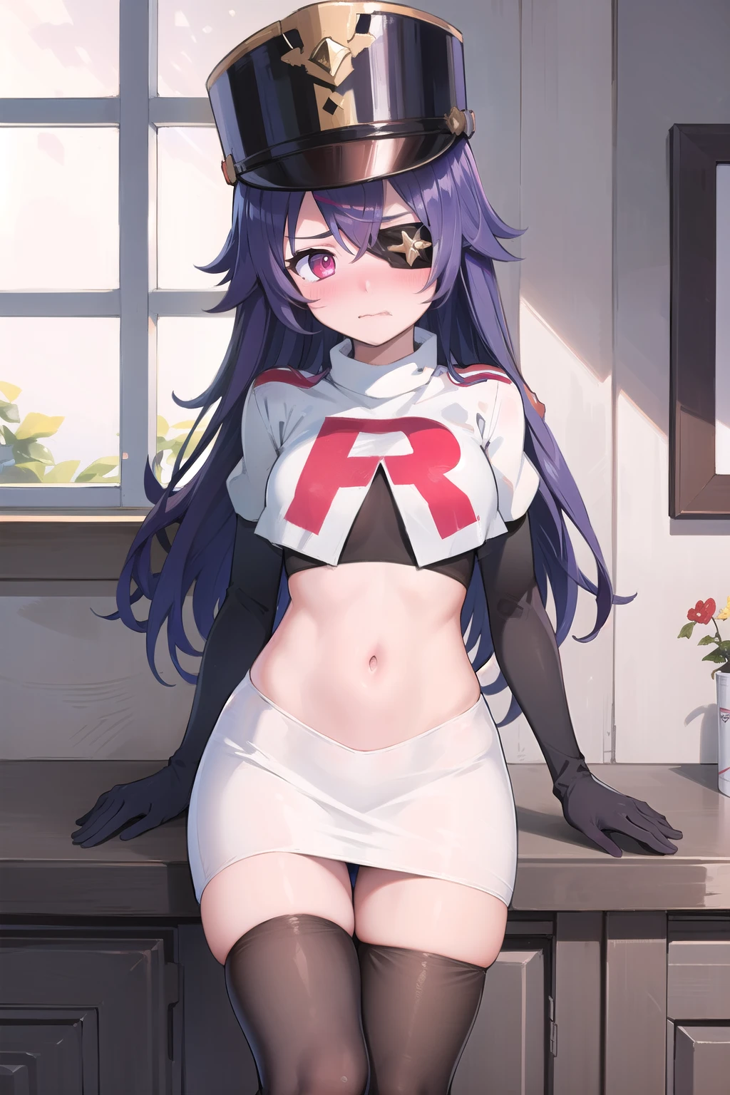 ((masterpiece,best quality)), 1girl, chevreuse, shako cap, eyepatch, blush, team rocket,team rocket uniform, red letter R, white skirt,white crop top,black thigh-highs,black elbow gloves, embarrassed, blush