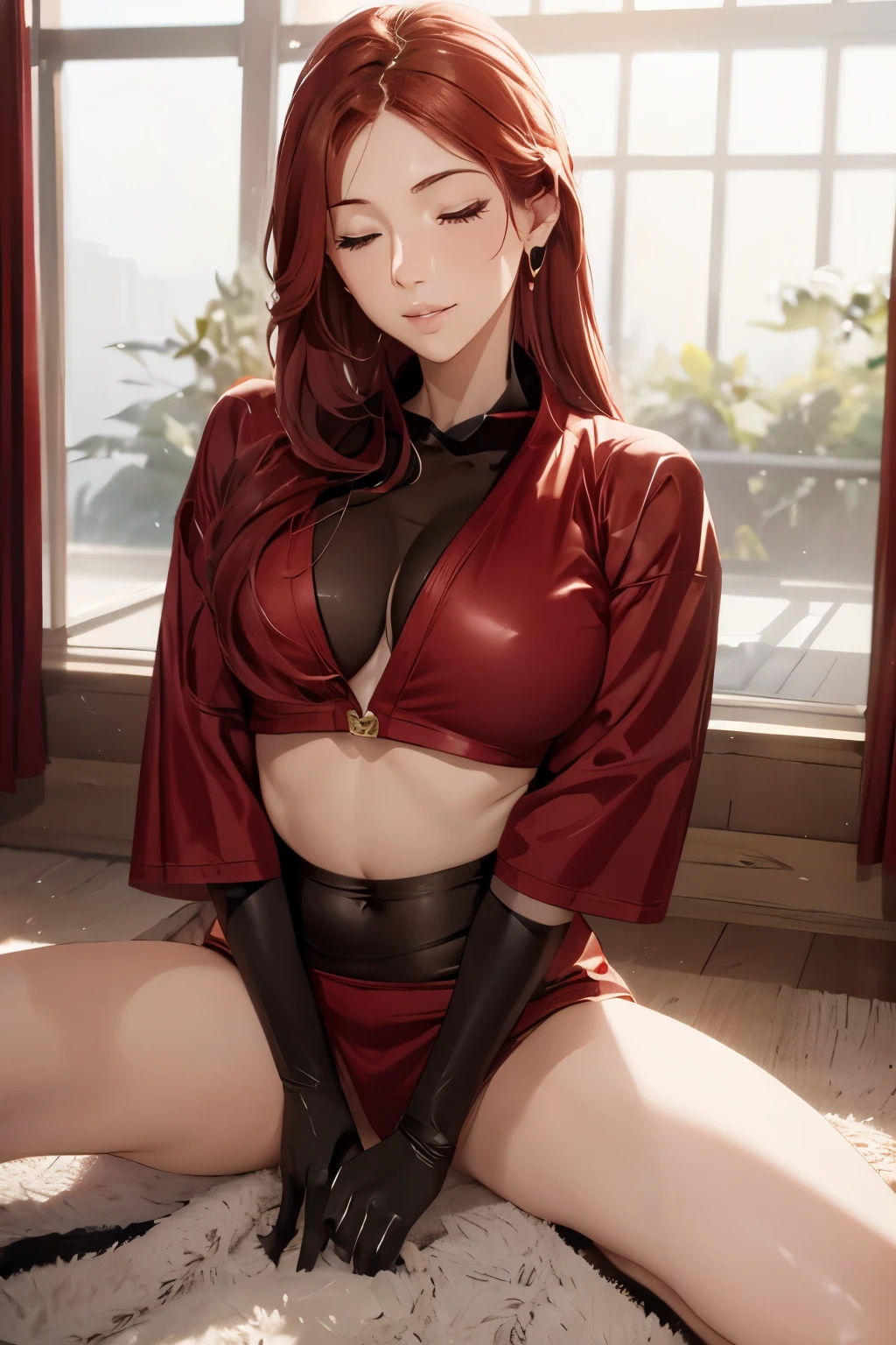 (8K), (best quality), (muste piece: 1.2) redhead dojo position du lotus Close ~ eyes
