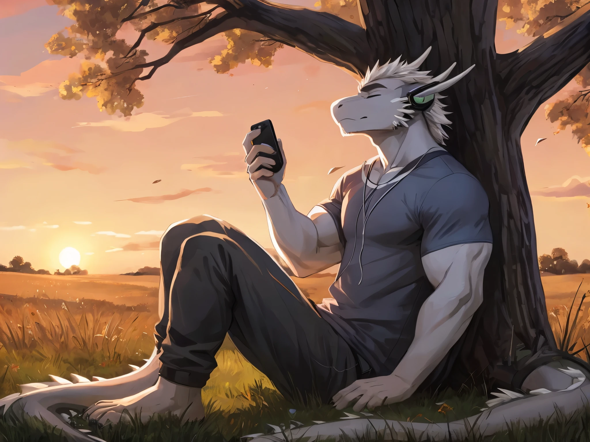 Masterpiece, Furry Gray Dragon, Muscular Body, Eyes Closed, Grey Medium Hair, Casual Set, Casual Clothes, Fierce, Good looking, Sad Expression, Sad Vibes, Sitting in Grass, Near Tree, Alone, Feeling the breeze wind, Afternoon, Listening To Music, Wearing Earphone, Field Background.