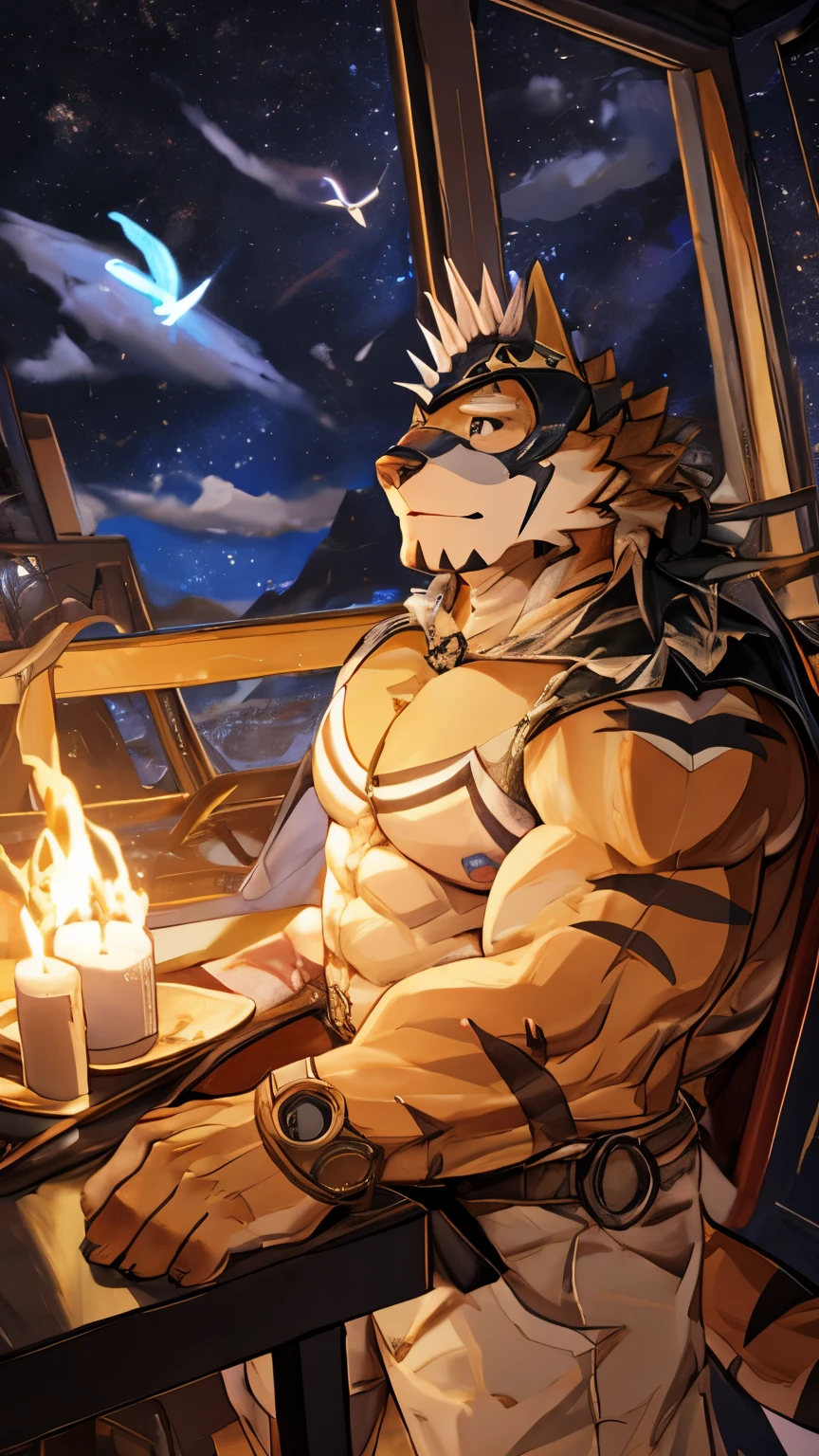 Anthropomorphic, (Solo), Ryekie, Single, Male, Muscle, Lonely, 45 years old, in King clothes, airplanes ship, Perfect scaling, Masterpiece, High Definition, Best Drawing, Illustration, By ZiXiong_, stars are approaching him, in the tower alone watching from above, Embrace the Sky, Position: Lying down on bed, Stargazing, Beautiful atmosphere, Lighting, on the space, Reaching the stars