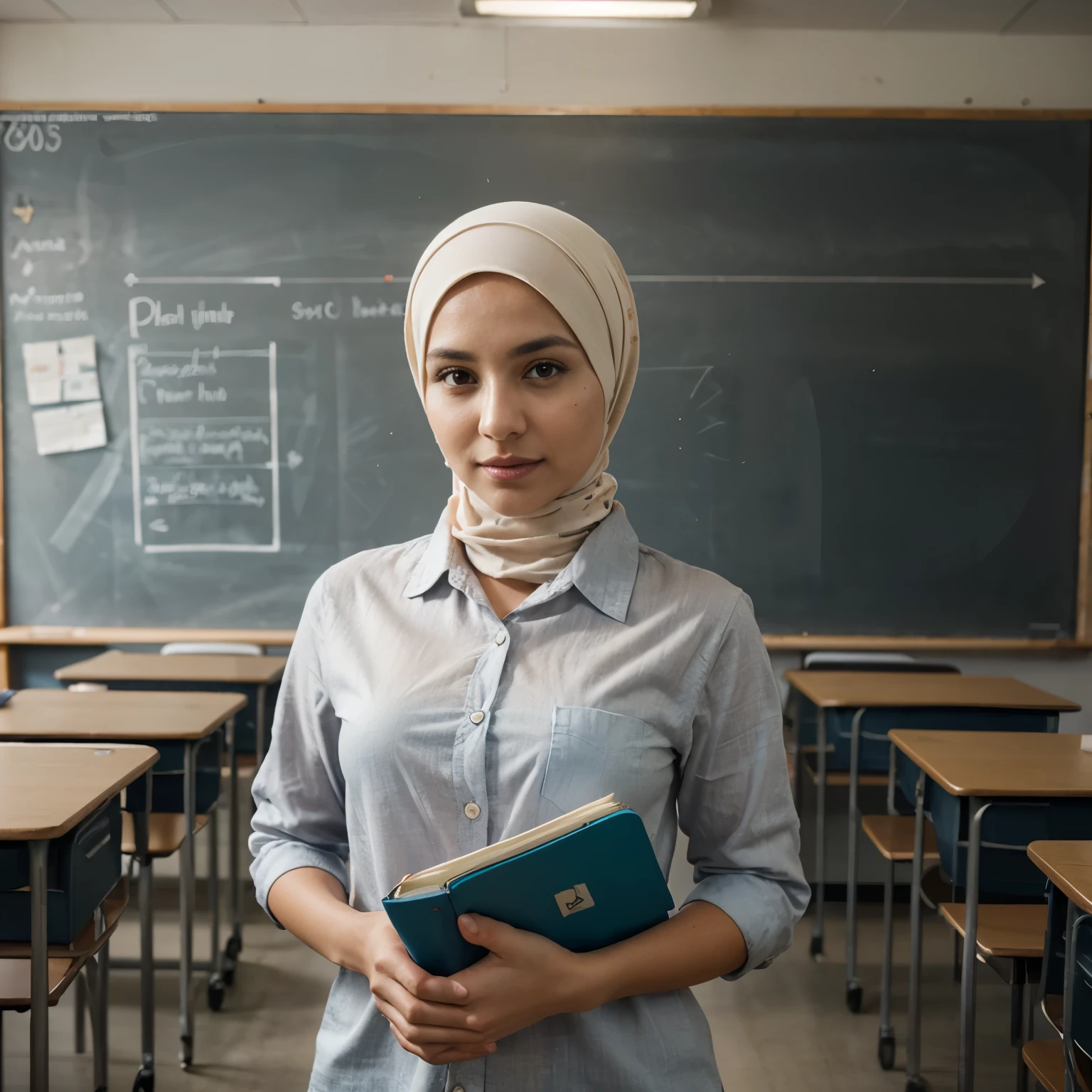 PNS, guru, super realistic 3/4 shot, passionate pose, professional photography portrait of a 30 year old female teacher in a classroom, very realistic skin, cinematic lighting, very original hijab fabric details, holding a book, scout clothing, transparent button-up shirt with right and left pockets, long slave,