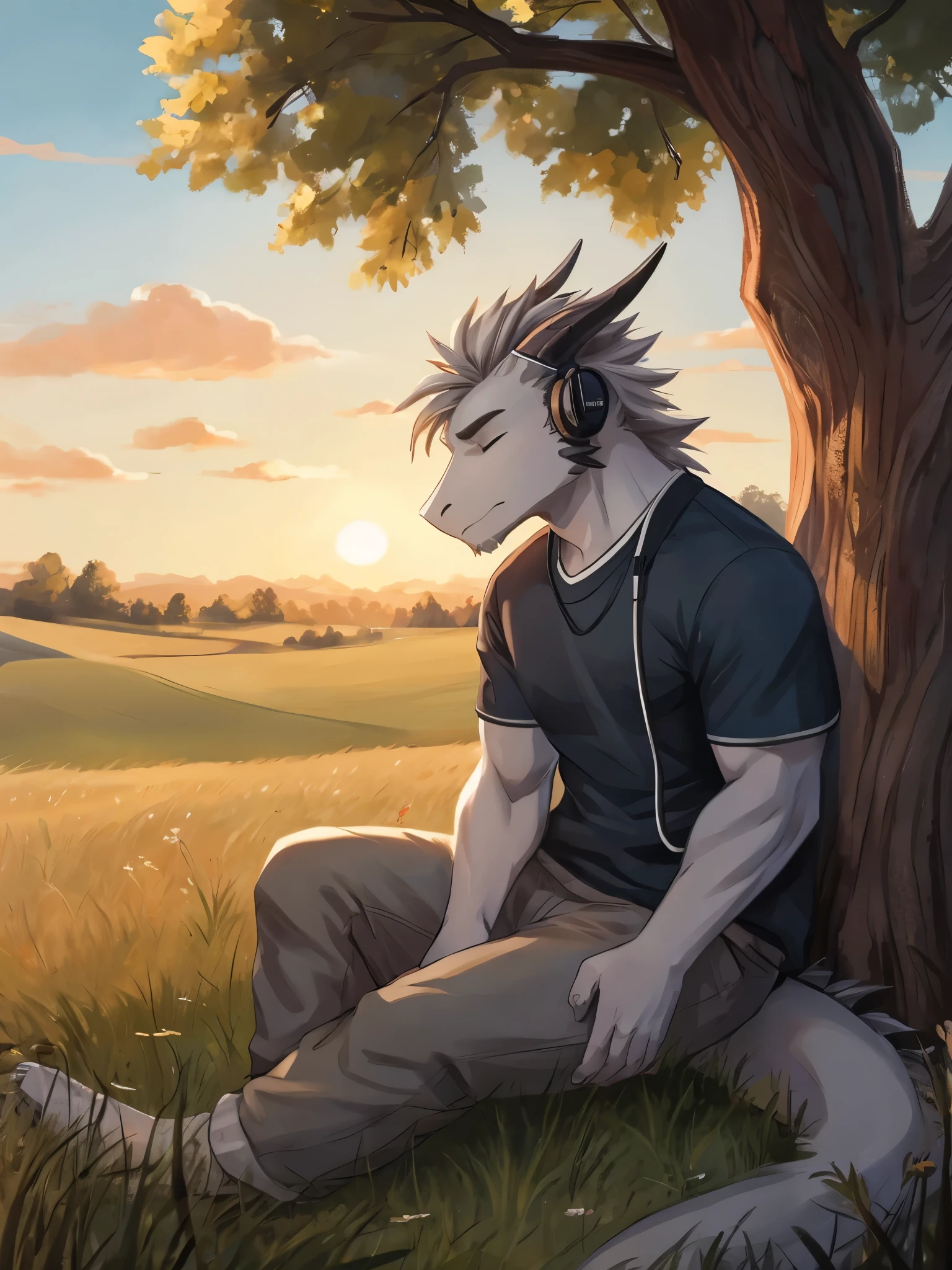 Masterpiece, Furry Gray Dragon, Muscular Body, Eyes Closed, Grey Medium Hair, Casual Set, Casual Clothes, Fierce, Good looking, Sad Expression, Sad Vibes, Sitting in Grass, Near Tree, Alone, Feeling the breeze wind, Afternoon, Listening To Music, Wearing Earphone, Field Background.