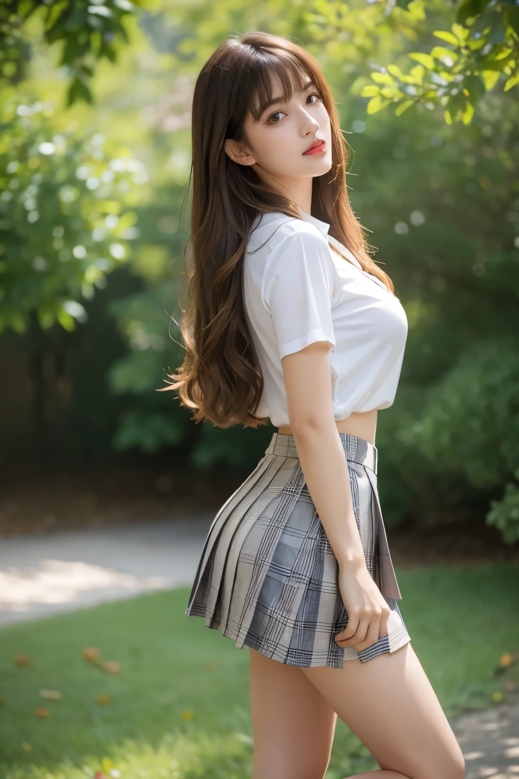 (1young girl), (backwards:1.6), looking back, (highly detailed Beautiful face), Amazing face and eyes, (Best Quality:1.4), (Ultra-detailed), (extremely detailed CG unified 8k wallpaper), Highly detailed, High-definition raw color photos, Professional Photography, Realistic portrait, Amazing face and eyes, Pink eyes, (hi-school uniform, pleated mini skirt:1.3), (High school uniform with wide open breasts:1.4), mini skirt, brown hair, model, (((Bokeh))), depth of fields, School, classroom, (no panties:1.4), (view from below:1.3),