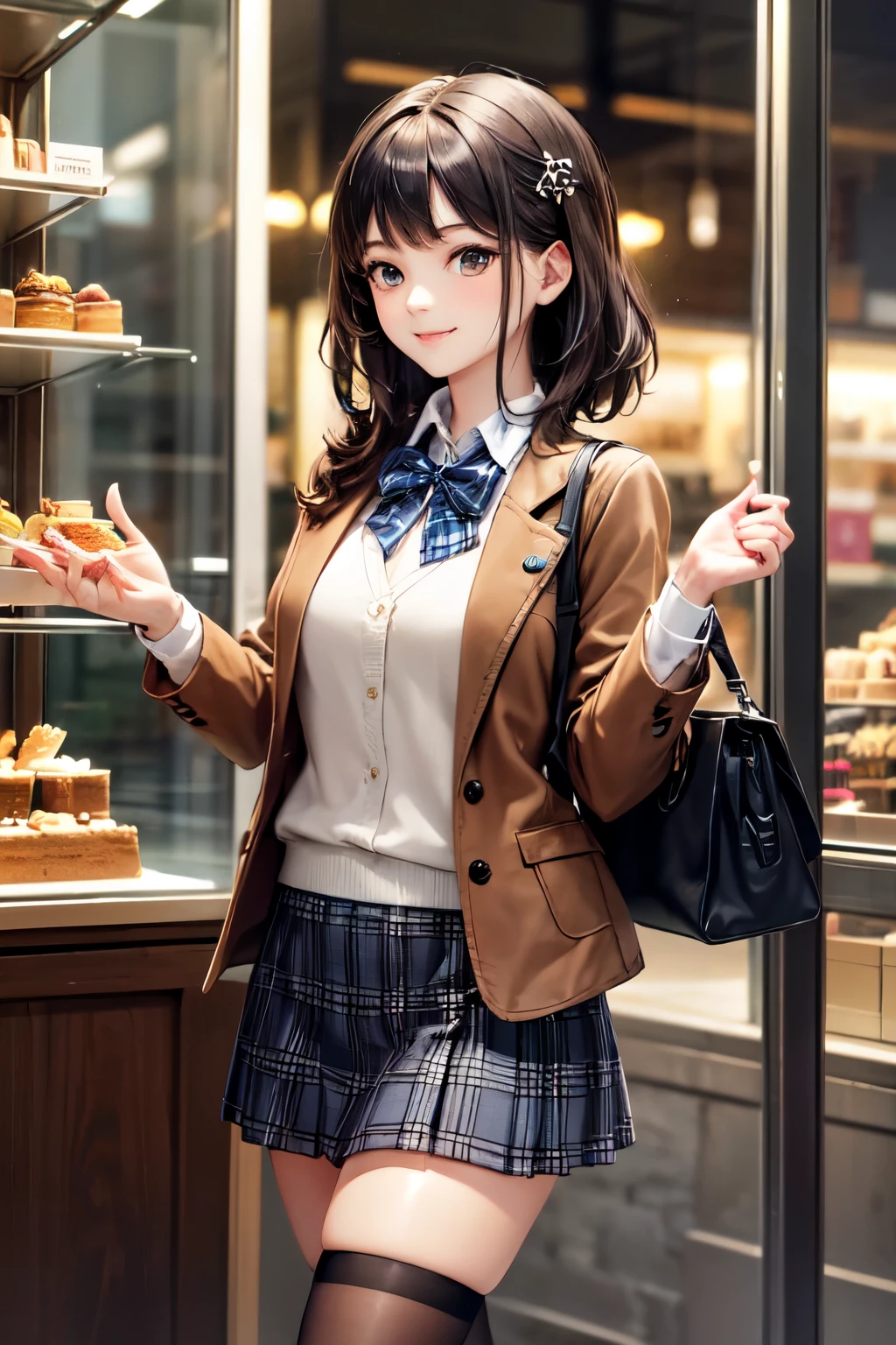 very cute and beautiful girl,teen,(highly detailed beautiful face),(smile),happy,cowboy shot,
(brown jacket:1.12),collared shirt,plaid bowtie BREAK detailed legs,zettai ryouiki,brown shoulder bag,
stylish pose,hair pin,black hair,(blue plaid mini skirt:1.2),downtown street,city square,cake shop show window,
(best quality,masterpiece:1.0),absurdres,highres,ultra-detailed,extremely detailed,32k,8k resolution,
intricate details,cinematic scene,detailed background,solo,dynamic angle,
hair fluttering in the wind,beautiful detailed sky,