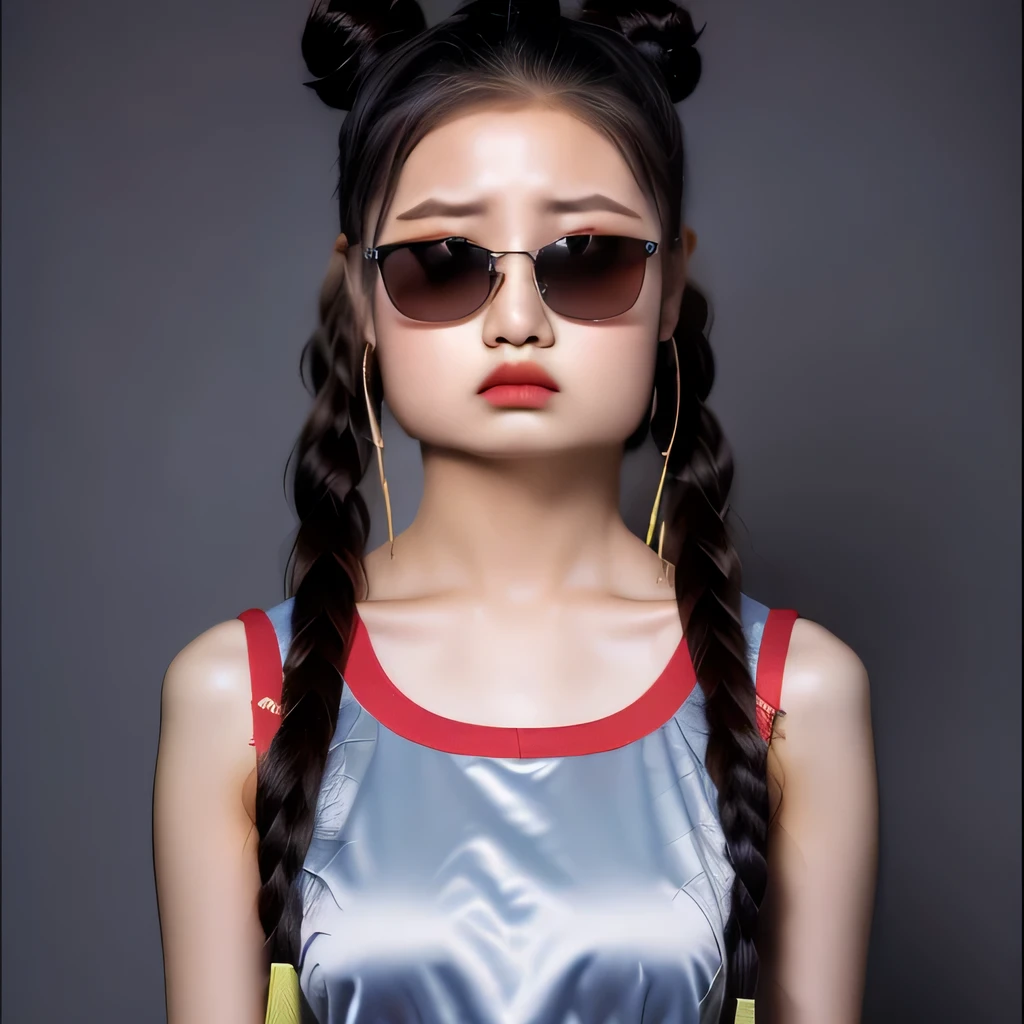 （best quality, masterpiece：1.2）, ID photo of a 13-year-old Chinese girl, sportswear, camisole，Pure cotton，gray background, Surrealism, ultra high definition, textured skin, high detail，facing the camera, 8K crocodile skeleton（（（platinum marble sunglasses）））