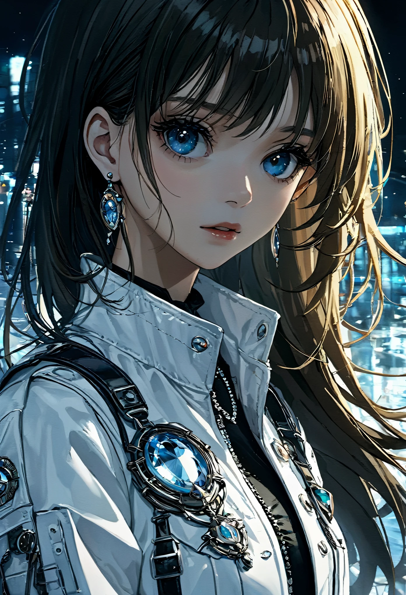 masterpiece, high resolution, screenshot, best quality, 1 girl, (There is a scar on the left eye), White cropped jacket, Very detailed, rule of thirds, jewelry, long hair, Bangs, hair between eyes