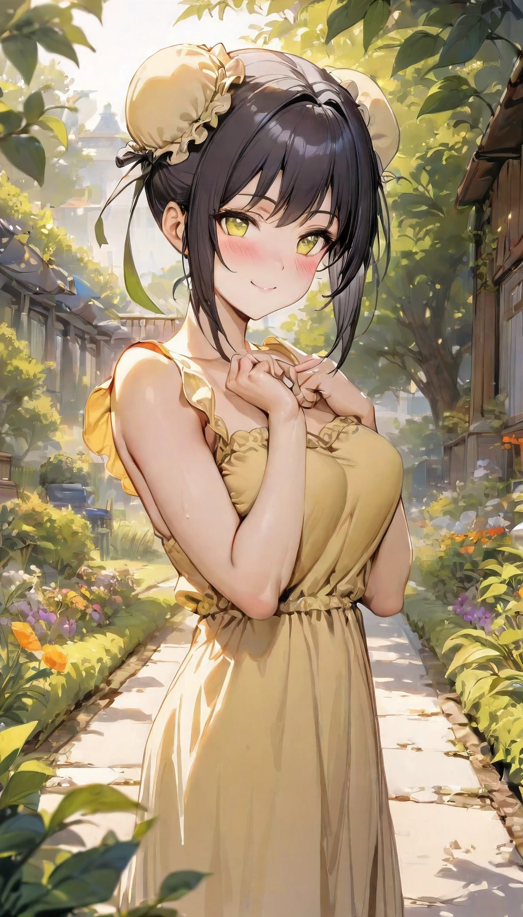 masterpiece, best quality, absurdres, perfect anatomy, 1girl, solo, Qin Liangyu, double bun, bun cover, sidelocks, yellow sundress, garden, smile