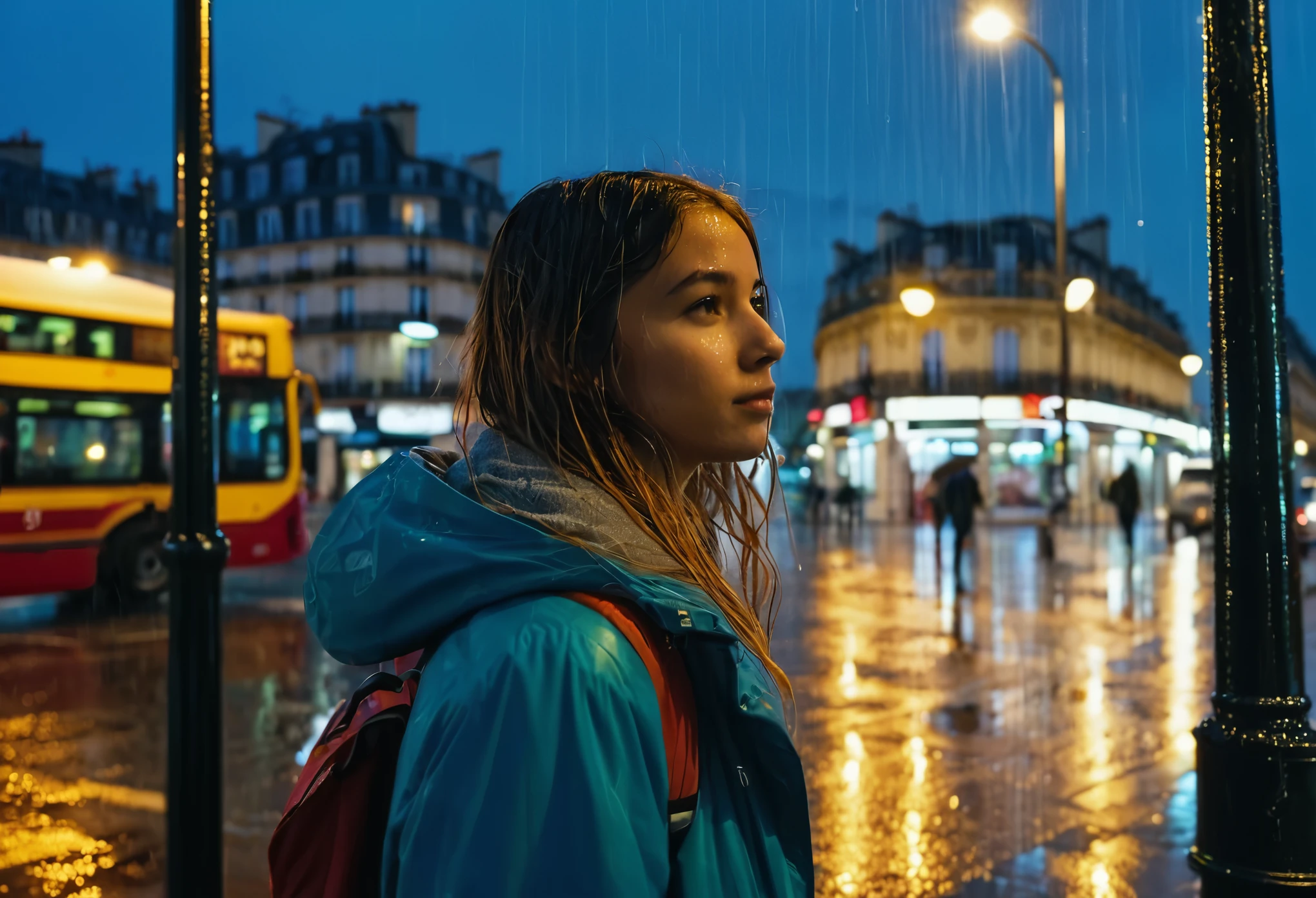 8k quality, a young woman is waiting for the bus in the rain, her hair is wet, near the bus stop there is a street lamp that has a high brightness, it is dark and it is raining hard, the light of the lantern is very detailed and very strong, details in the rays of light, in the background I see shops and a terrace in Paris.
