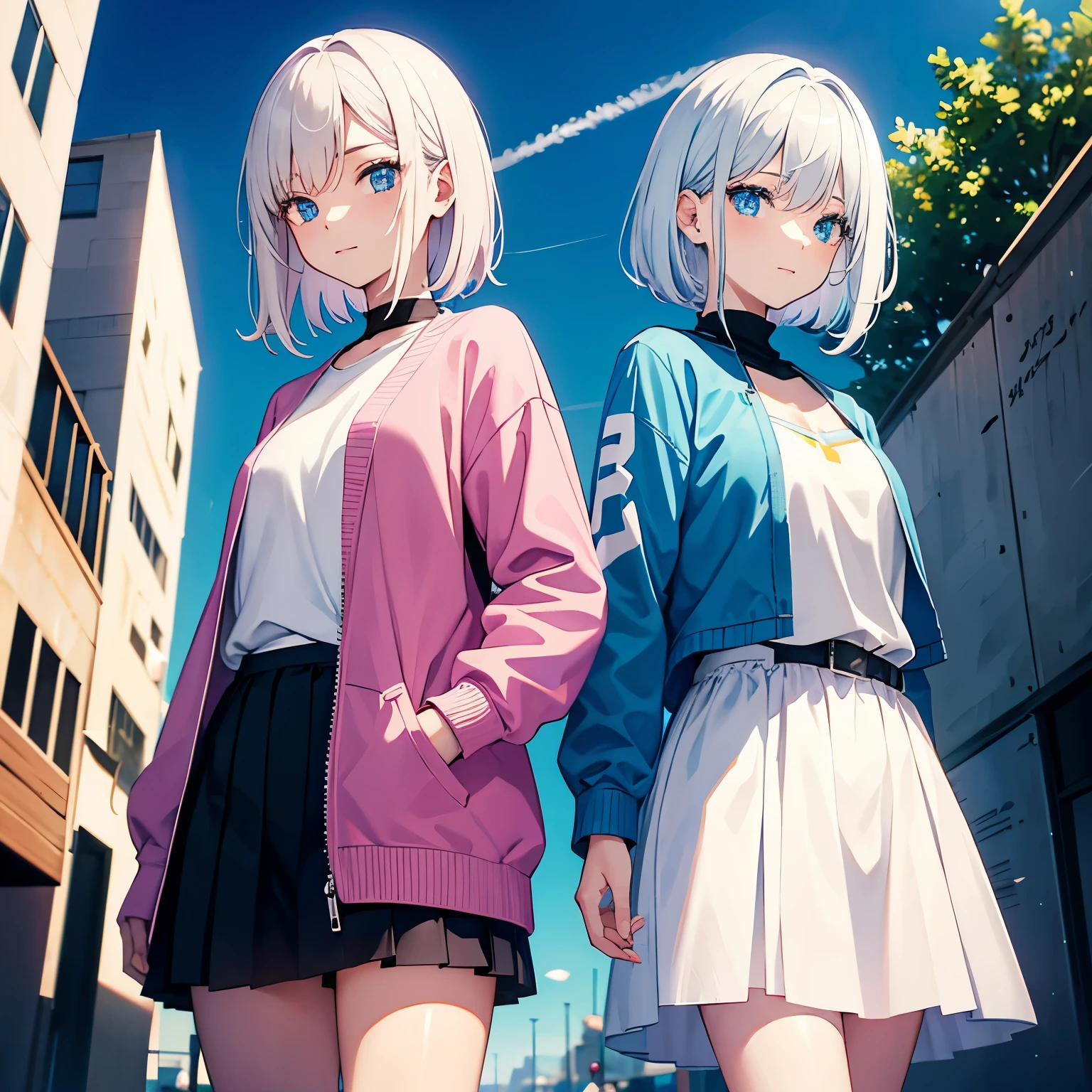 White-haired girl with blue eyes,One is cheerful and the other is introverted,One pink sweatshirt and one blue sweatshirt,Two dimensions,sisters,One short hair, one long hair,One hand in pocket, the other exposed,short skirt,Gemini