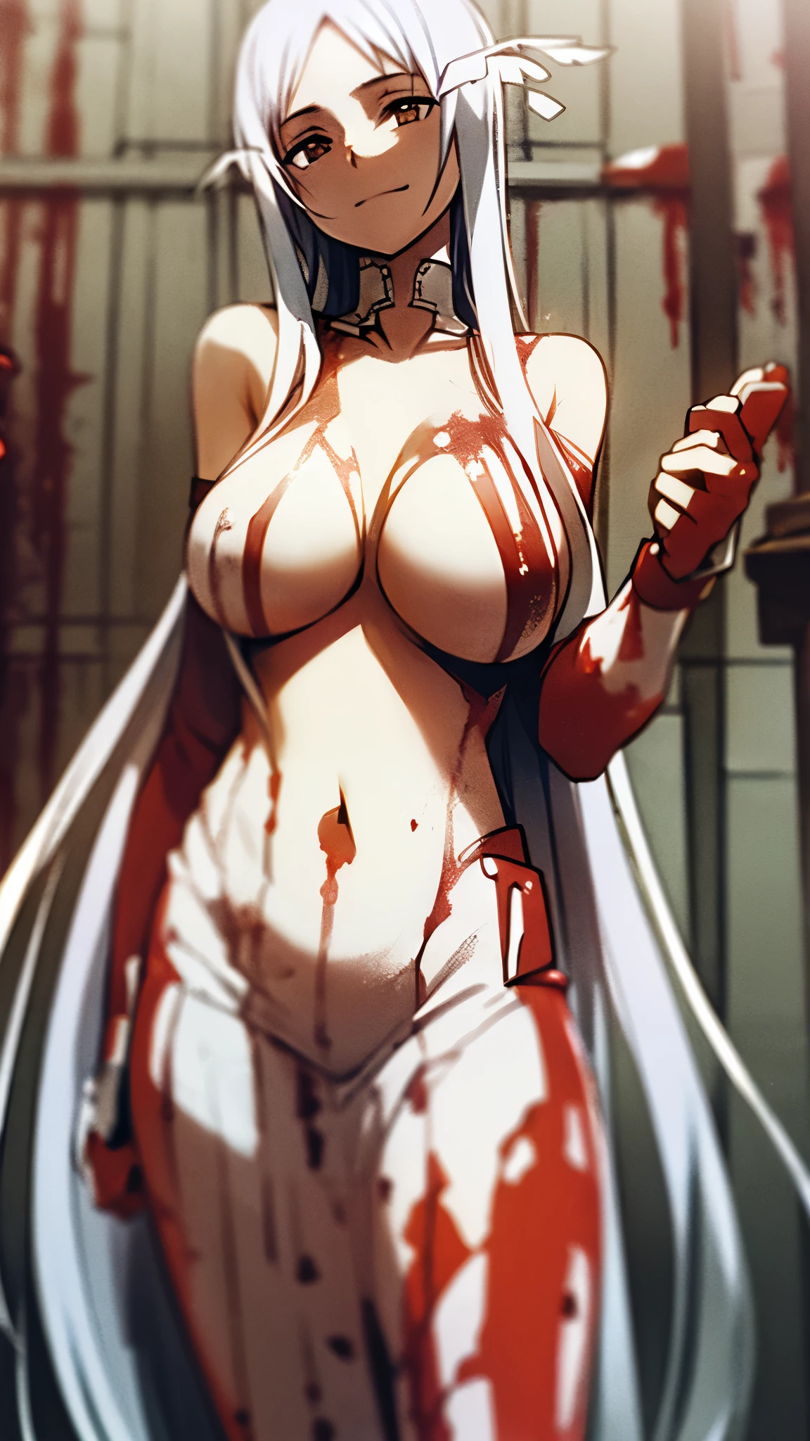 ((masterpiece)), ((best quality)), ((grotesque and splatter)), beautiful girl, curvy, tall, exposed belly, belly button, big breasts, femdom, slaughter, bloody white dress, Blood on the body, Bloody, Blood on the belly button, Blood on the belly, Blood on the breasts, tall, bloody knife, bloody sword, bloody belly, war, fight, kill, Behead, shot from below, POV from fallen enemies, sensual, Blood on the breasts, smile, spattered by much blood, having a big bloody sword, reflecting blood on the whole body, looking down on me, massaging breasts, getting excited sexially, kill everyone, blood splatter, cruel, background with battlefield, cut off head of man, holding a severed head