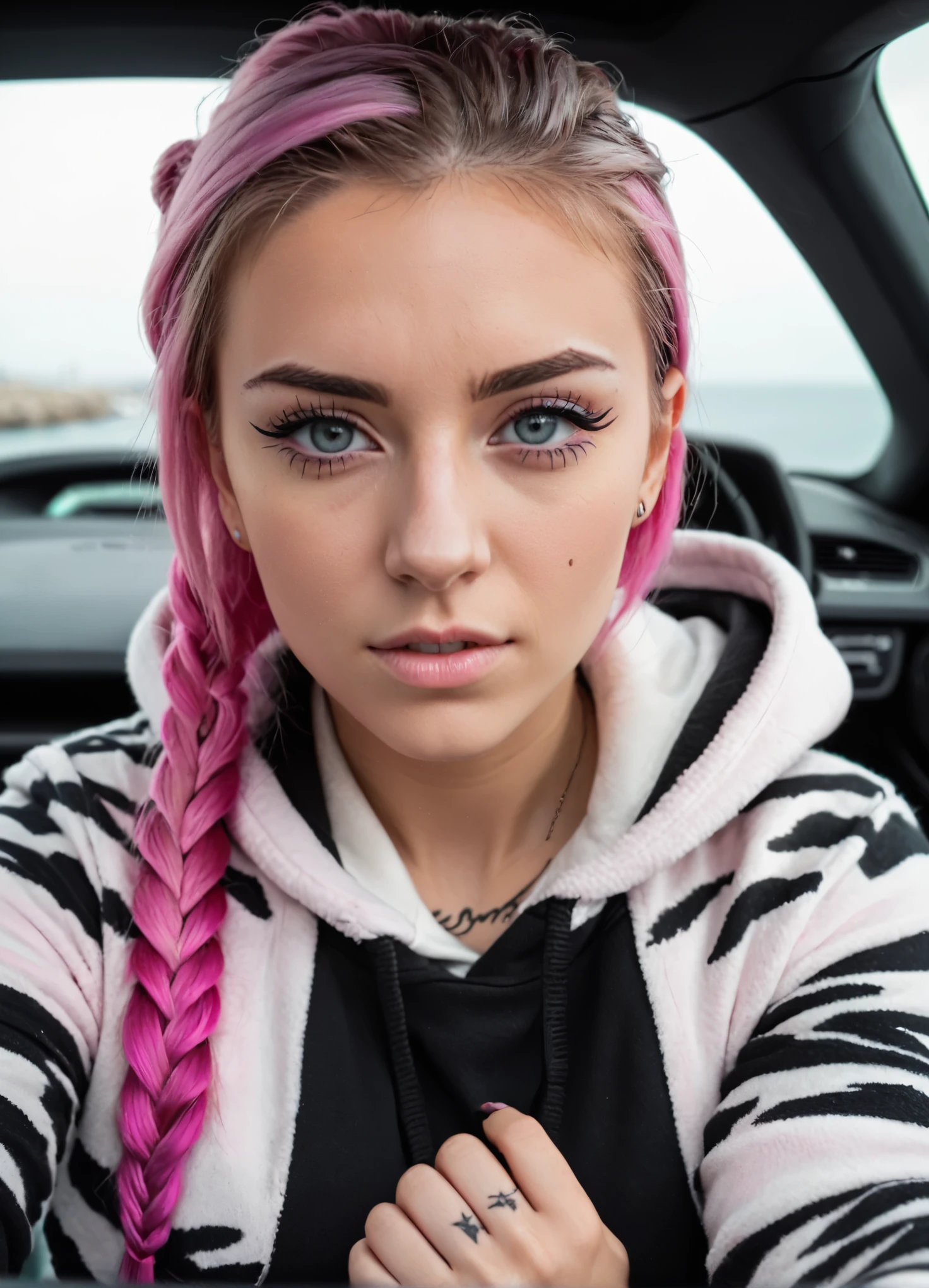 RAW photo, a 22-year-old- Girl, upper body, selfie in a Lamborghini, zebra print hoodie, (realistic) , (photo-realistic:1.5) , inside a car, driving, Whaling ship Tattoo, Belts, (Braided half-up half-down hair) , Pink hair, Smartwatch, (RAW photo, 8k uhd, film grain) , Sharp Eyeliner, Blush Eyeshadow With Thick Eyelashes, extremely delicate and beautiful, 8k, soft lighting, high quality, highres, sharp focus, extremely detailed, during the day, (sunlight on face) , beautiful detailed eyes, extremely detailed eyes and face, masterpiece, cinematic lighting, (high detailed skin:1.2) , 8k uhd, dslr, soft lighting, high quality, film grain, Fujifilm XT3, 