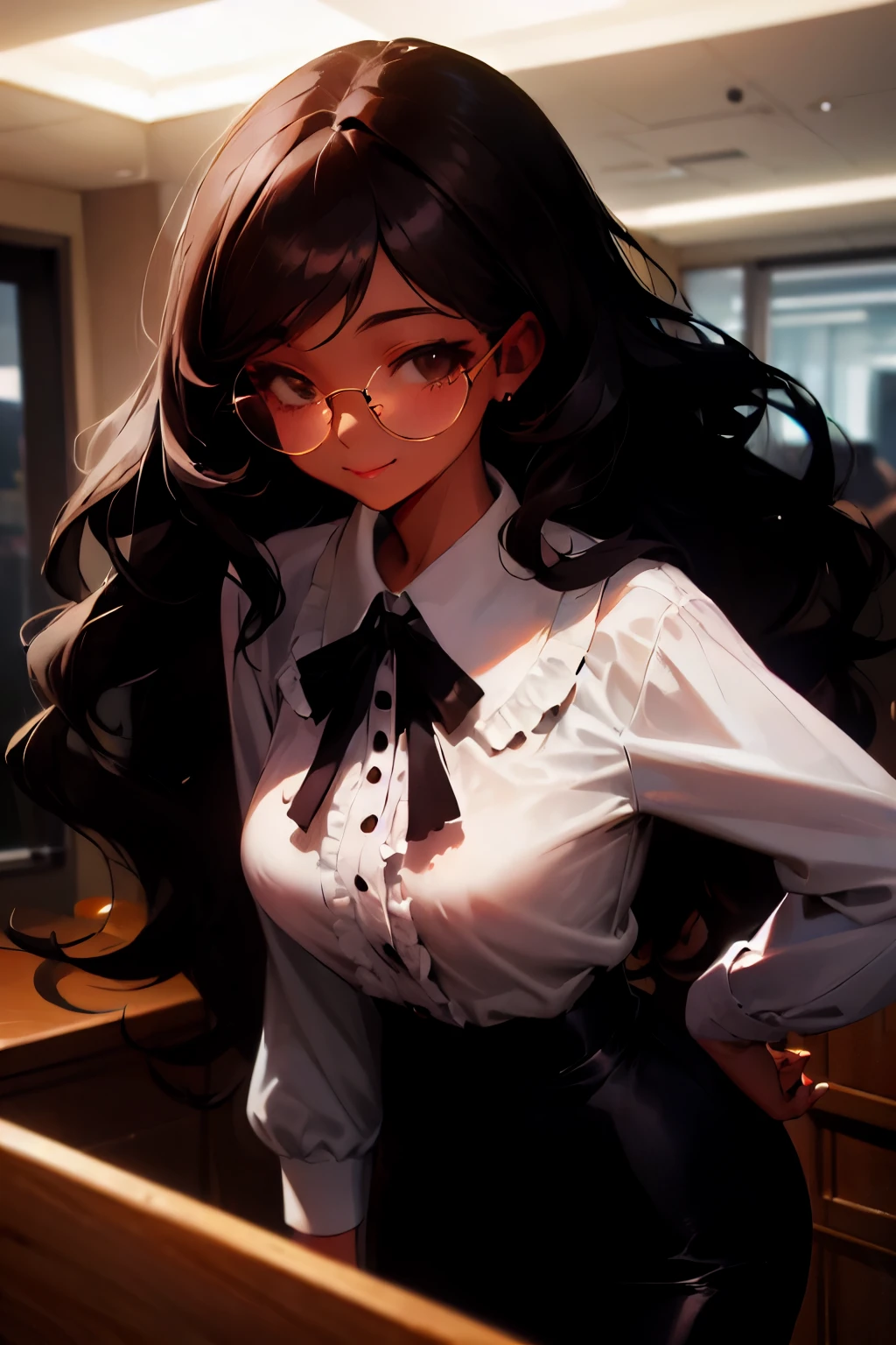 A portrait of a mature woman with long black wavy hair, wavy side bangs, dark brown eyes, light tanned skin, smile, black glasses,  white blouse with black ribbon on collar, black frilly.pencil skirt, inside office, night