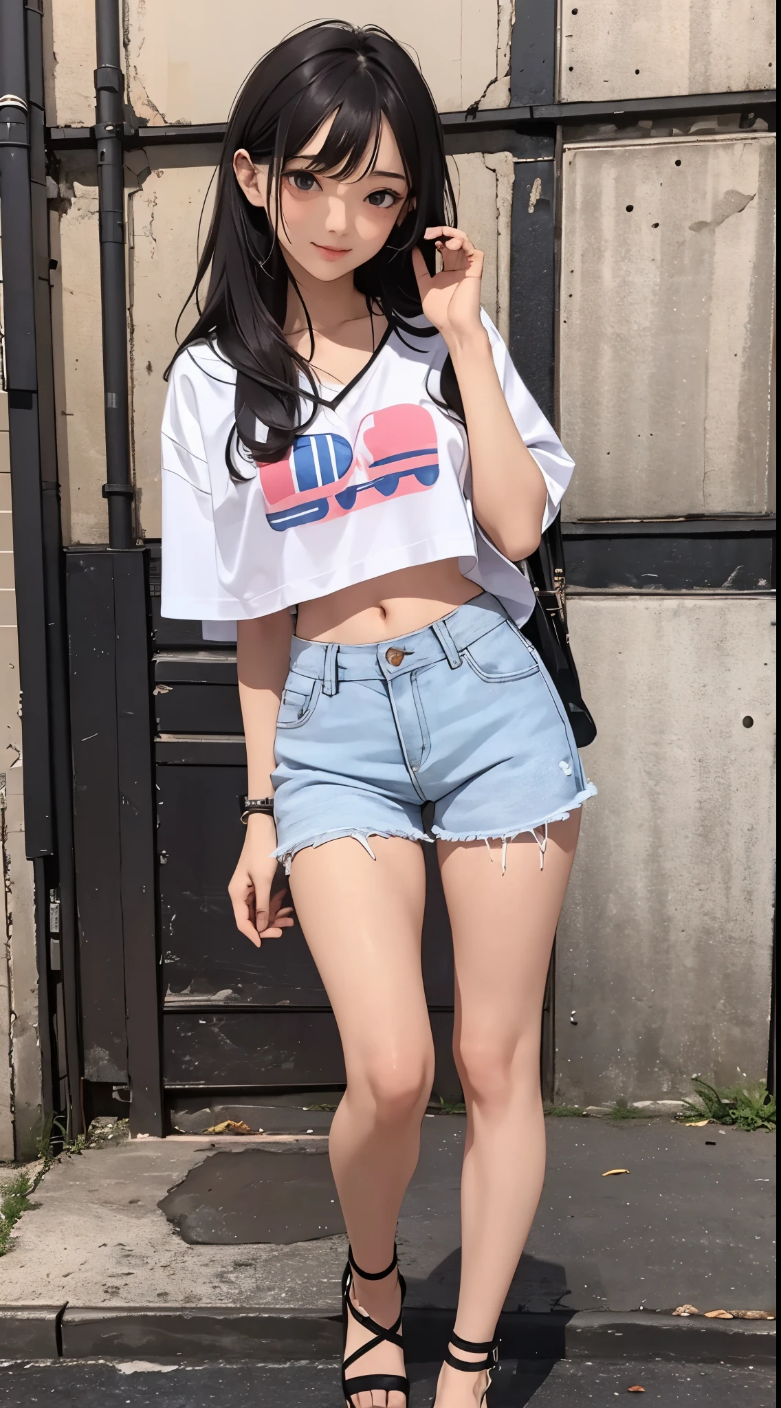 1 girl, medium hair color black, eyes color black light skin, body type thin, 160cm, age 18 years old, full body, wearing white shirt and blue shorts jeans and sandals, pose stand looking to front,