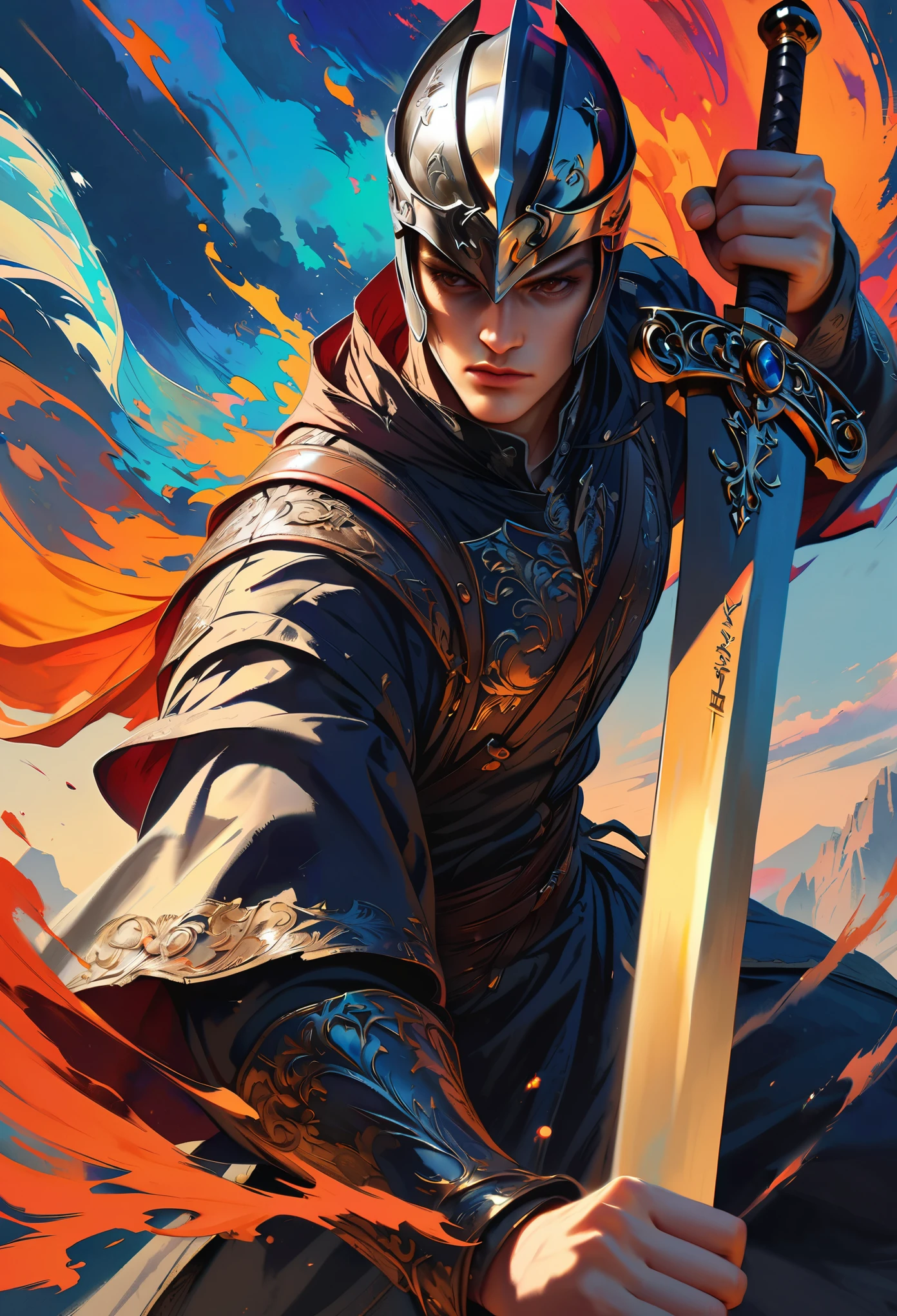 style3,A swordman,medieval art, heroic figure,traditional costume,detailed and sharp sword, intense eyes and focused expression, dynamic pose, dramatic lighting, vibrant colors, high contrast, epic landscape background, misty atmosphere, action-packed, dynamic brushwork, oil painting style, ultra-high resolution, fine details, professional quality.