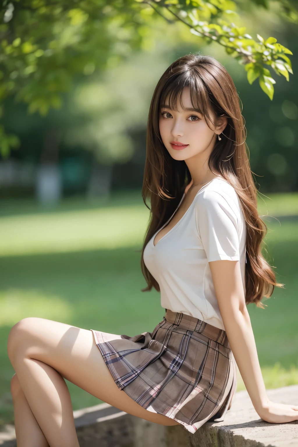 nsfw, 8K raw photo, Best quality, masterpiece, ultra high res, film grain, filmg, 1girl, looking at viewer, natural skin texture, realistic eye and face details, full lips, lipstick, (makeup), red eyeshadow, long hair, messy hair, smile, close mouth, beautiful legs, tall female, skinny, slim_legs, solo, enormous breast, cleavage, Pose with buttocks facing you, ultra short skirt, ass, shirt, beautiful nature location, around flower location, (detailed background), plaid skirt, white shirt, enormous breast, cleavage, Show a little cleavage through the shirt, loafers, blurry background, blurry, holding, plaid, short sleeves, jk ribbon on the neck, jk ribbon, brown hair, bracelet, water, bangs, , jewelry, parted lips, lips, from side, pleated skirt, depth of field, perfect eyes, super fine eyes, perfect face, super fine face, perfect body, asian, asian girl, super fine hands, super fine fingers, super model, super idol