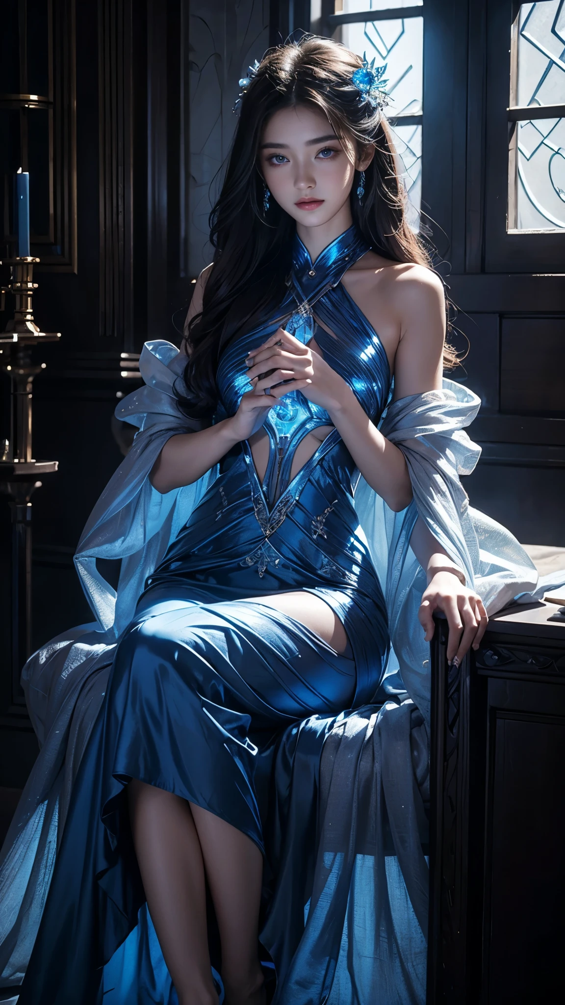 Full figure, seven -clinging shooting, 18 years old, wearing transparent science fiction clothes, exquisite faces, details, hands, ultimate details, amazing magnificence, LED internal lighting, Pedaipan style, fiber hair, glowing blue iris, glowing blue iris, sitting,