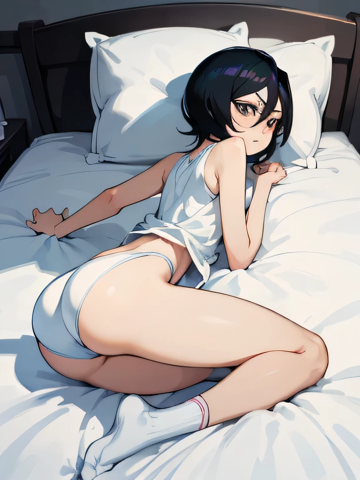 1 chica, PELO NEGRO, parte trasera, top blanco sin mangas, small loose socks, calcetines blancos, Cuerpo, pecho plano, culo redondo, , sexo, hermosos ojos detallados, acostado en la cama, culo arriba,rukia, more prism, color vibrante, alone