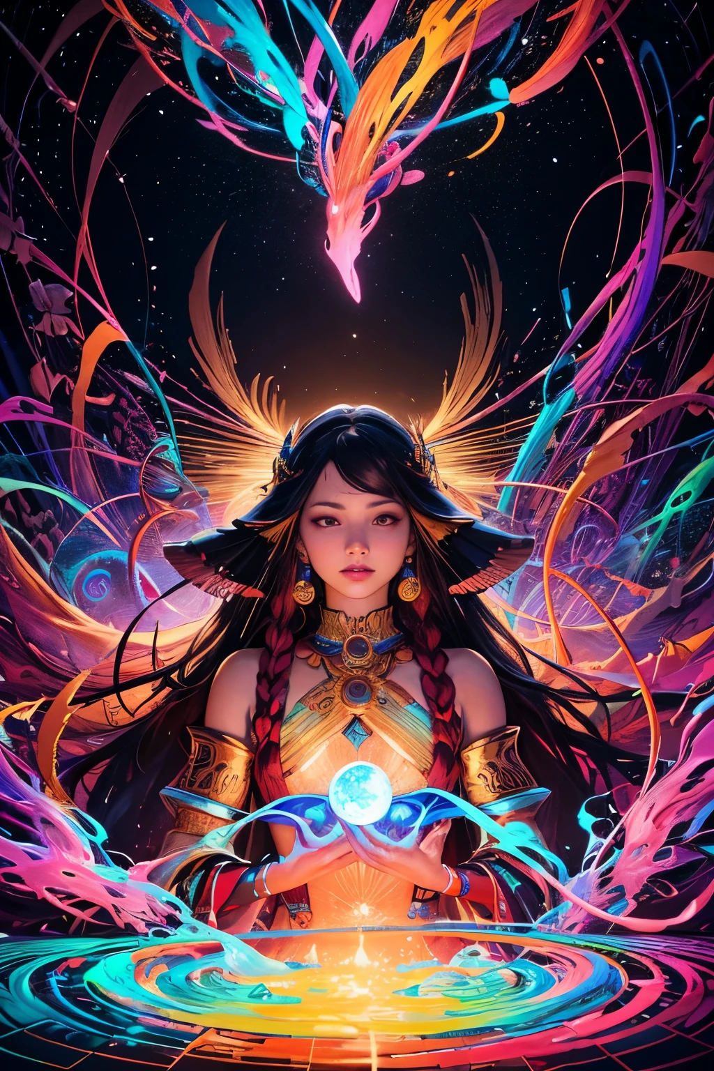((Melhor qualidade)), ((obra de arte)), (detalhado), rosto perfeitoCreate an image of a Brazilian indigenous person playing a flute in a mystical and colorful ritual inspired by science fiction and ayahuasca ceremonies. The scene is set at night in a surrealistic environment filled with neon lights and psychedelic elements. Picture the indigenous person surrounded by a hyper-realistic yet distorted nature, reflecting altered states of consciousness.
The indigenous person's attire and features should be detailed and culturally authentic, emphasizing their connection to the natural world and spiritual practices. Include intricate patterns and symbols on their clothing and body, symbolizing ancient traditions and mystical experiences.
The background should be a mesmerizing blend of vibrant colors, abstract shapes, and neon lights, creating a dreamlike and immersive atmosphere. Add hundreds of colorful elements like floating orbs, geometric patterns, and mystical creatures to enhance the otherworldly feel of the scene.
Capture the essence of a mystical journey and the fusion of indigenous wisdom with futuristic and surreal elements, resulting in a visually stunning and thought-provoking composition.