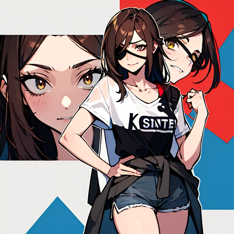 (Absurdities, 8k, 4K, Masterpiece, Extremely detailed:1.2), Single, 1girl, Front view, painting, Best quality, Expressive eyes, Perfect face, 1girl, painting, Single, Acquaintance, feminine, Relieve the body, feminine ناضجة, Small breasts, pale, Hair covering one eye, Dark brown hair, long hair, Eye patch over, sarcastic, sarcastic, soldier, adult, Hazel eyes, Shorts, sinner, sarcastic, A white jacket tied around the waist, Graphic T-Shirt, simper, Crazy eyes, Untidy hair, Explosions swept, Diaphragm, Hand on head, Hand on shoulder, Exposed collarbone, Exposed left shoulder,