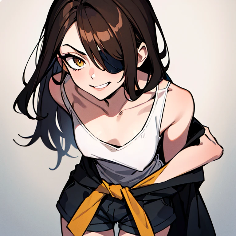 (Absurdities, 8k, 4K, Masterpiece, Extremely detailed:1.2), Single, 1girl, Front view, painting, Best quality, Expressive eyes, Perfect face, 1girl, painting, Single, Acquaintance, feminine, Relieve the body, feminine ناضجة, Small breasts, pale, Hair covering one eye, Dark brown hair, long hair, Eye patch over, sarcastic, sarcastic, soldier, adult, Hazel eyes, Shorts, sinner, sarcastic, A white jacket tied around the waist, Graphic T-Shirt, simper, Crazy eyes, Untidy hair, Explosions swept, Diaphragm, Hand on head, Hand on shoulder, Exposed collarbone, Exposed left shoulder,