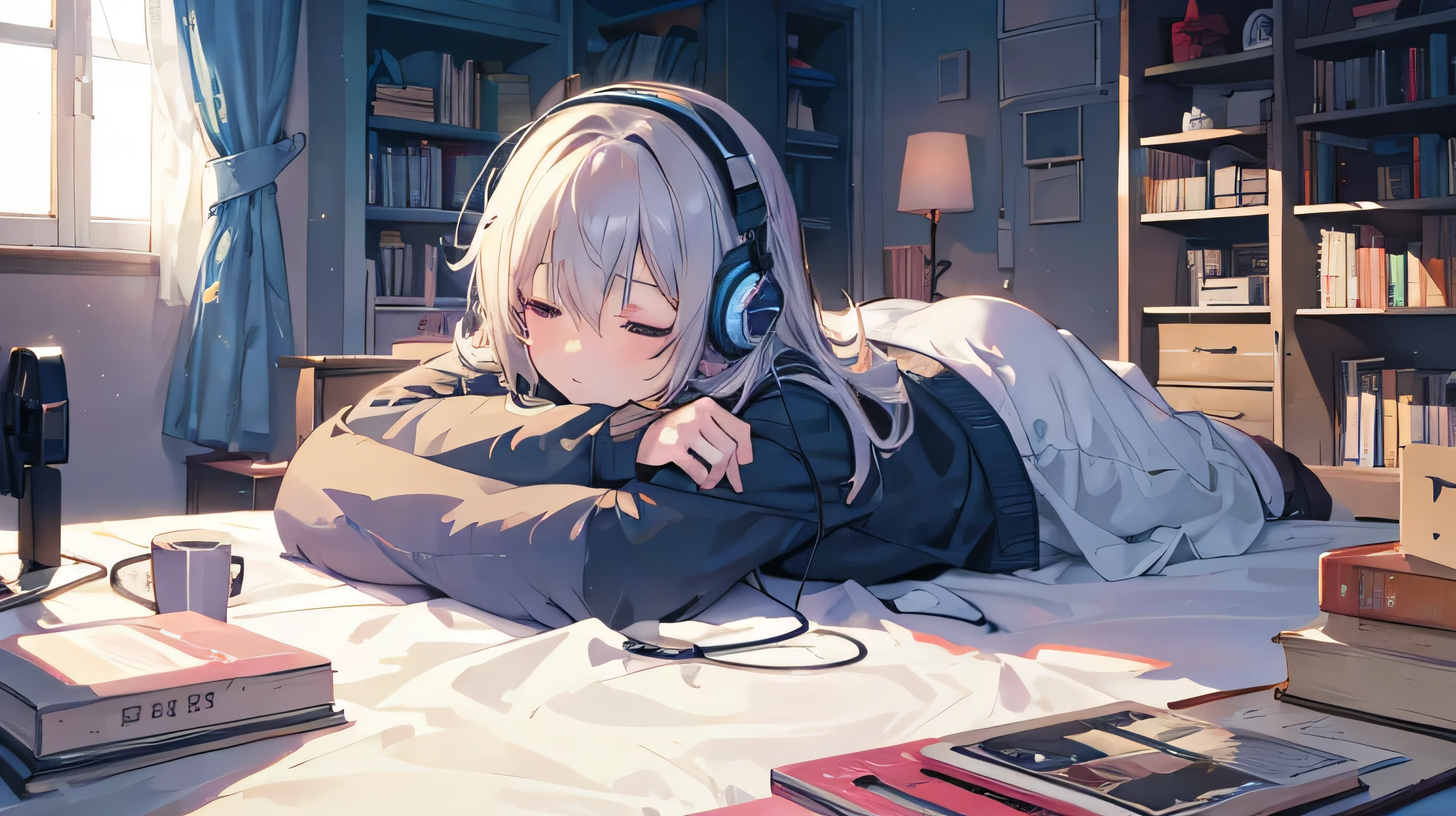 Indirect lighting shines in the bedroom at night, The curtains flutter slightly in the wind. Lots of things、A room with a messy desk and books. lying in bed、Wear headphones、Anime illustration of a girl sleeping while listening to music while leaning on her chin