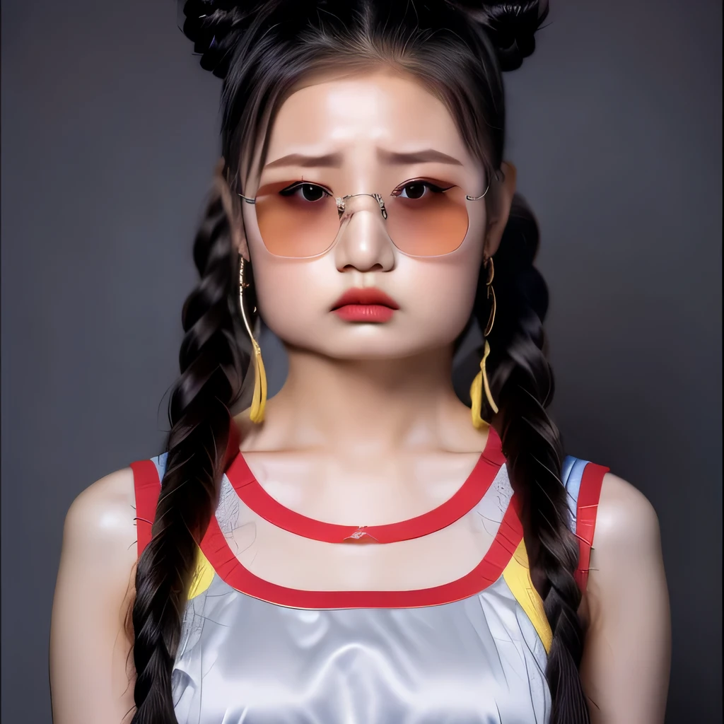 （best quality, masterpiece：1.2）, ID photo of a 13-year-old Chinese girl, sportswear, camisole，Pure cotton，gray background, Surrealism, ultra high definition, textured skin, high detail，facing the camera, 8K crocodile skeleton（（（platinum marble sunglasses）））