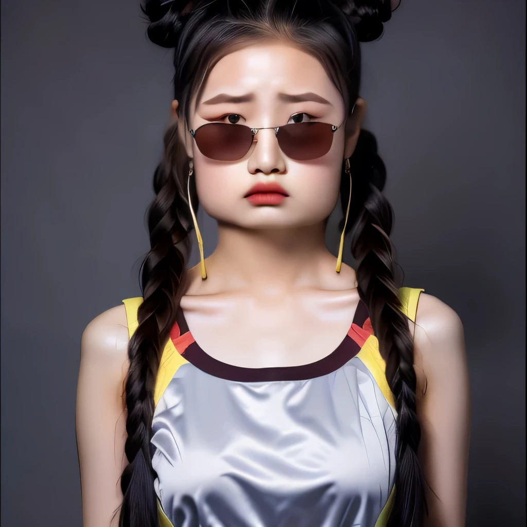 （best quality, masterpiece：1.2）, ID photo of a 13-year-old Chinese girl, sportswear, camisole，Pure cotton，gray background, Surrealism, ultra high definition, textured skin, high detail，facing the camera, 8K crocodile skeleton（（（platinum marble sunglasses）））