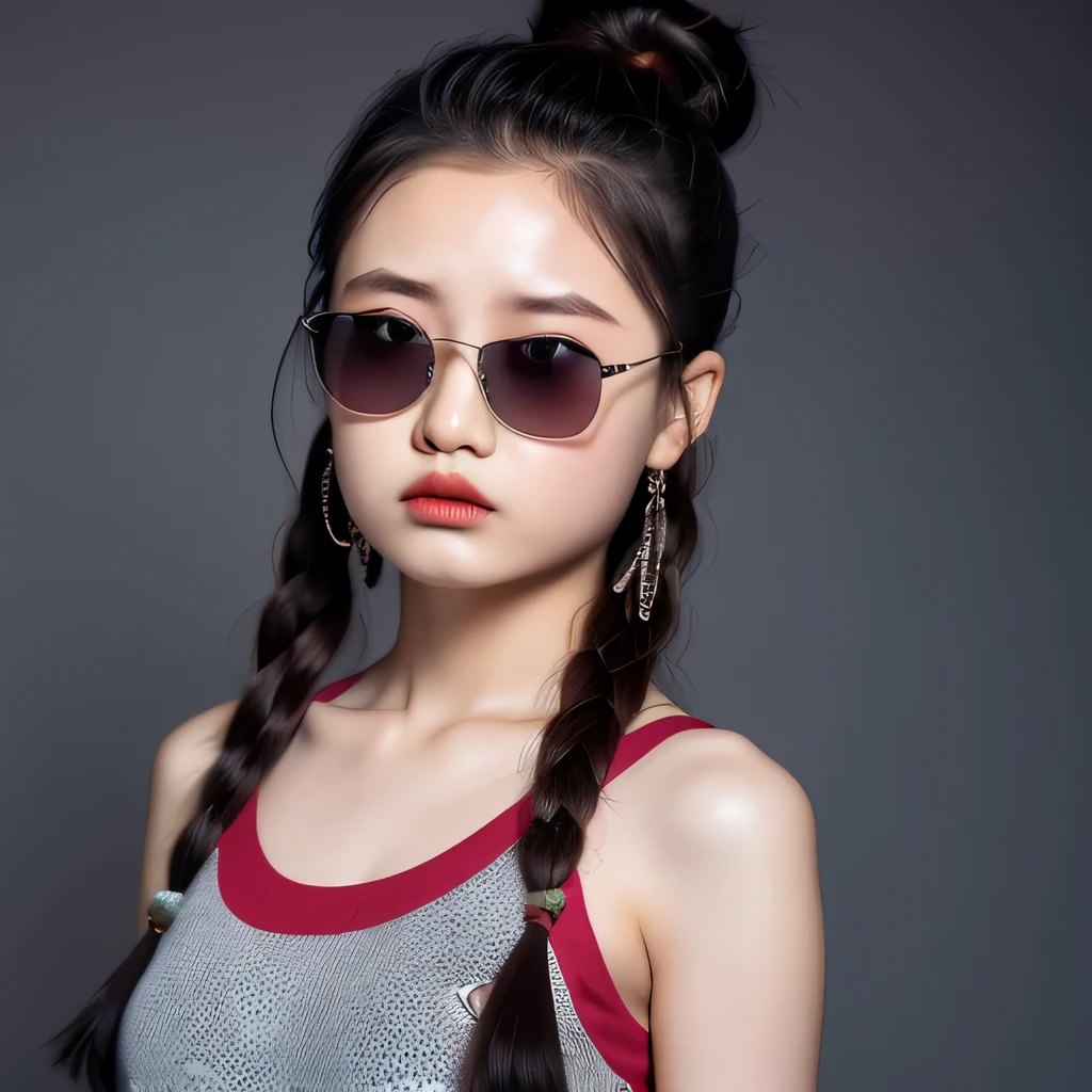 （best quality, masterpiece：1.2）, ID photo of a 13-year-old Chinese girl, sportswear, camisole，Pure cotton，gray background, Surrealism, ultra high definition, textured skin, high detail，facing the camera, 8K crocodile skeleton（（（platinum marble sunglasses）））