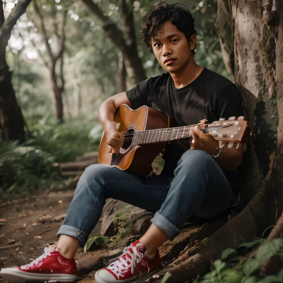 typical Indonesian man, 39 years old, clean white face, slightly curly hair, wearing a black t-shirt and blue jeans, red Converse shoes, sitting under a tree holding an acoustic guitar, forest background, original and realistic photo, high detail, full HD photography