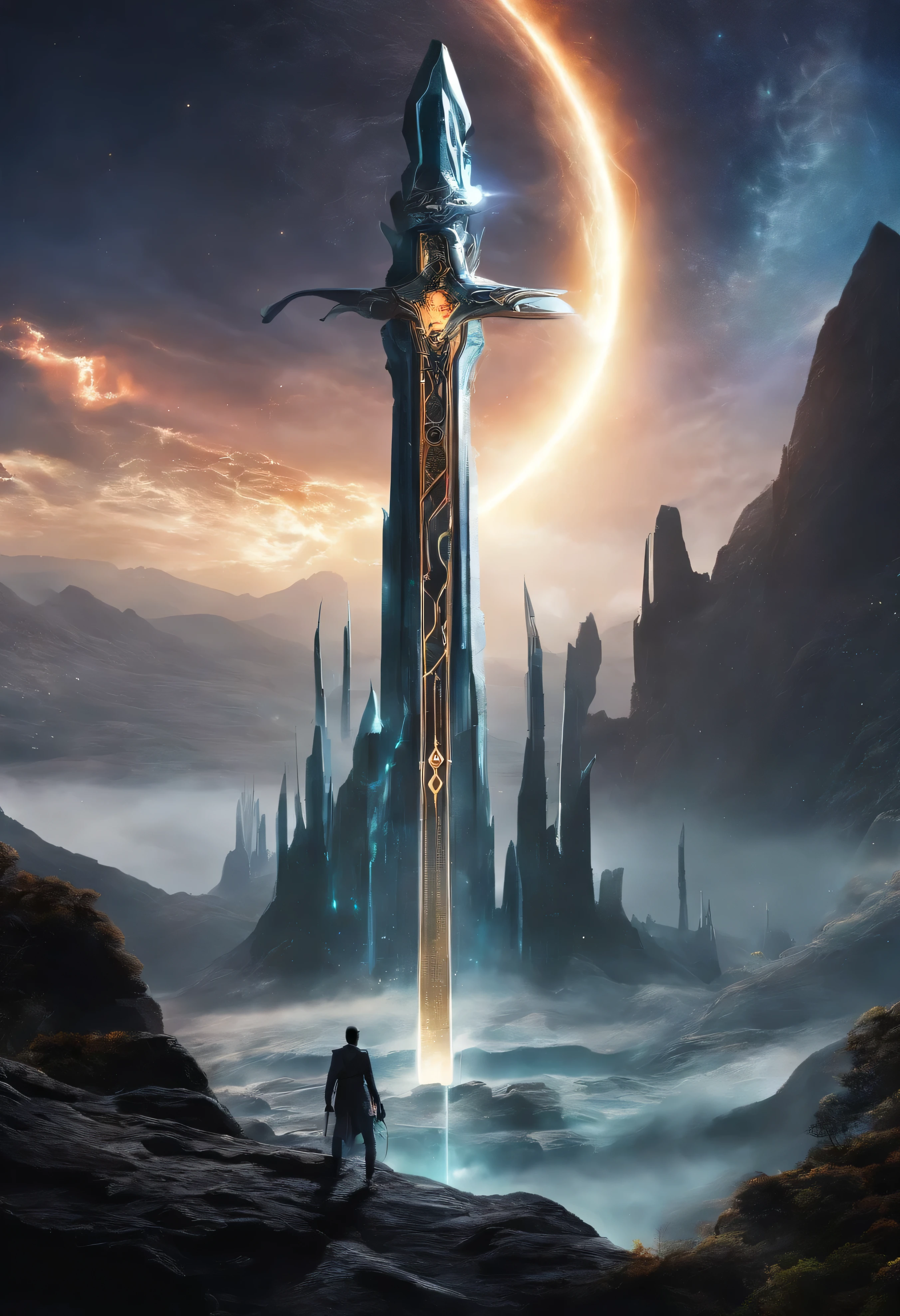 (masterpiece, high quality, HD, detail: 1.3)Excalibur inserted in stone, Engraved with ancient runes, emit light and lightning, Sword wrapped dragon'Body, With dragon shadow. It is surrounded by mountains, thunder and lightning, dark clouds, and a ray of light.