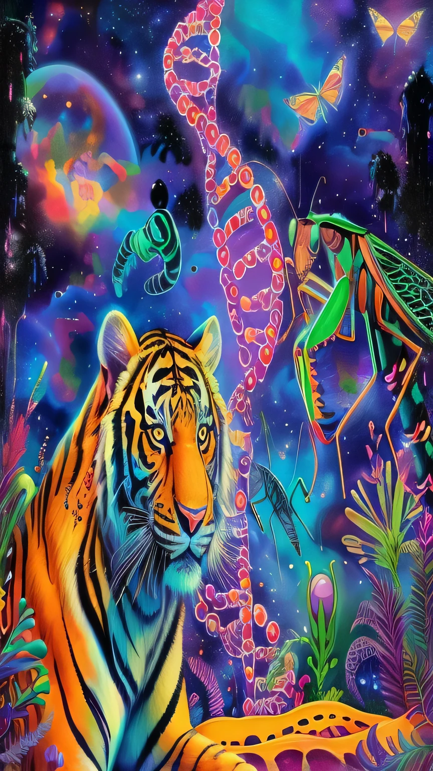 Tiger and mantis painting in colorful space, cosmic tiger, DMT art, highly detailed fantasy art, fantasy art style, sacred tiger, psychedelic art, Alien flora and fauna, psychedelic trip, psychedelic art style, psychedelic art, Psychedelic DMT, psychedelic black light, dmt color, portrait of a lisa frank, fantasy art