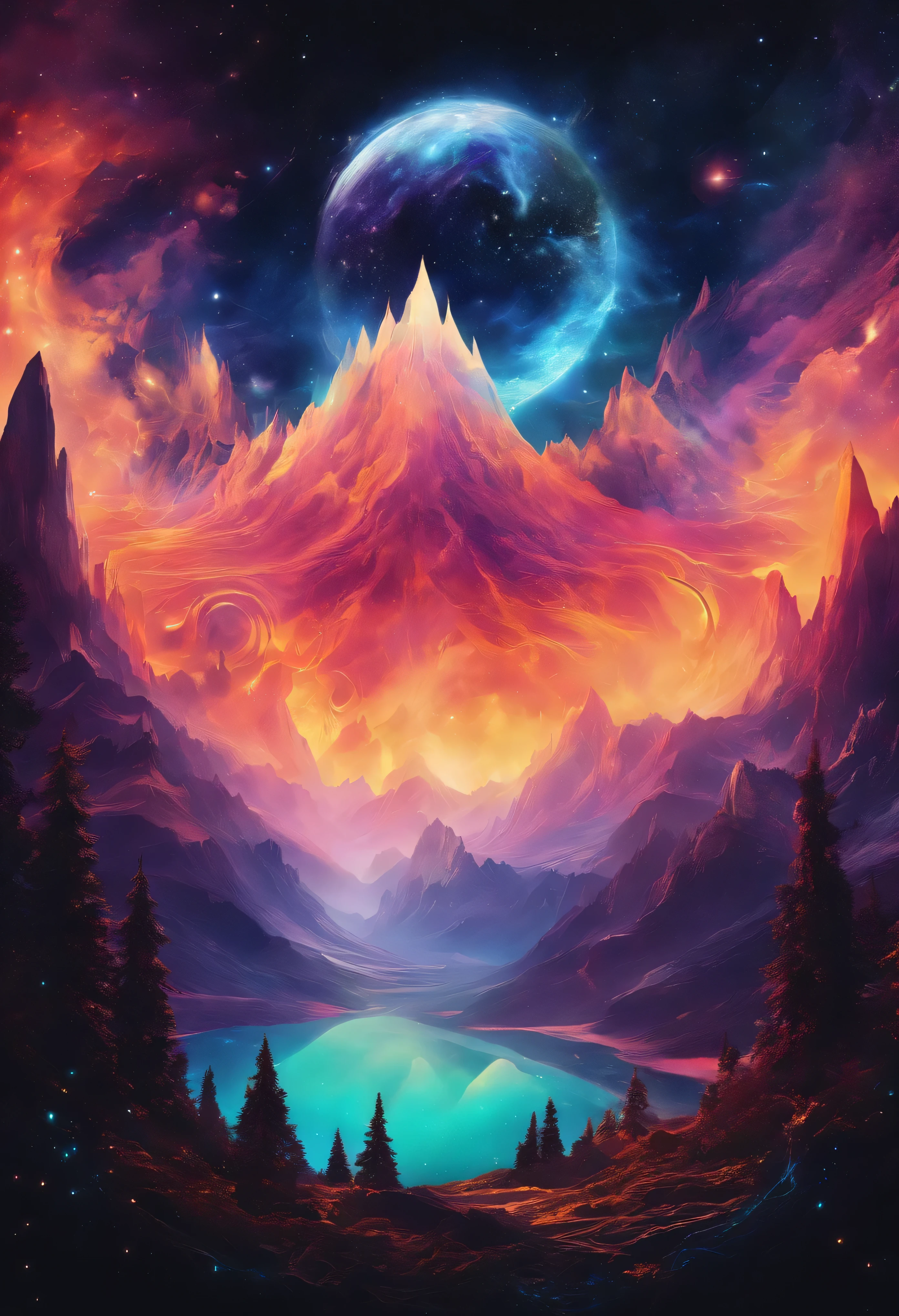 Create metal album covers,Show towering mountains in the center of the image. The night sky must be full of bright constellations, Create a dark and mysterious atmosphere. if possible, It adds a black hole in the background,Increase the sense of unknown and mystery....