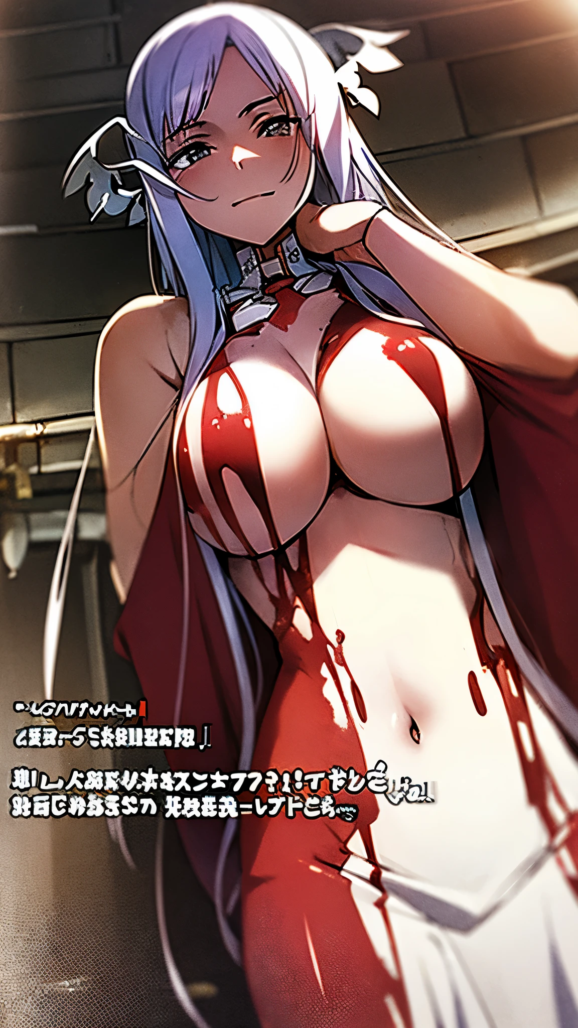 ((masterpiece)), ((best quality)), ((grotesque and splatter)), beautiful girl, curvy, tall, exposed belly, belly button, big breasts, femdom, slaughter, bloody white dress, Blood on the body, Bloody, Blood on the belly button, Blood on the belly, Blood on the breasts, tall, bloody knife, bloody sword, bloody belly, war, fight, kill, Behead, shot from below, POV from fallen enemies, sensual, Blood on the breasts, smile, spattered by much blood, having a big bloody sword, reflecting blood on the whole body, looking down on me, massaging breasts, getting excited sexially, kill everyone, blood splatter, cruel, background with battlefield, cut off head of man, holding a severed head