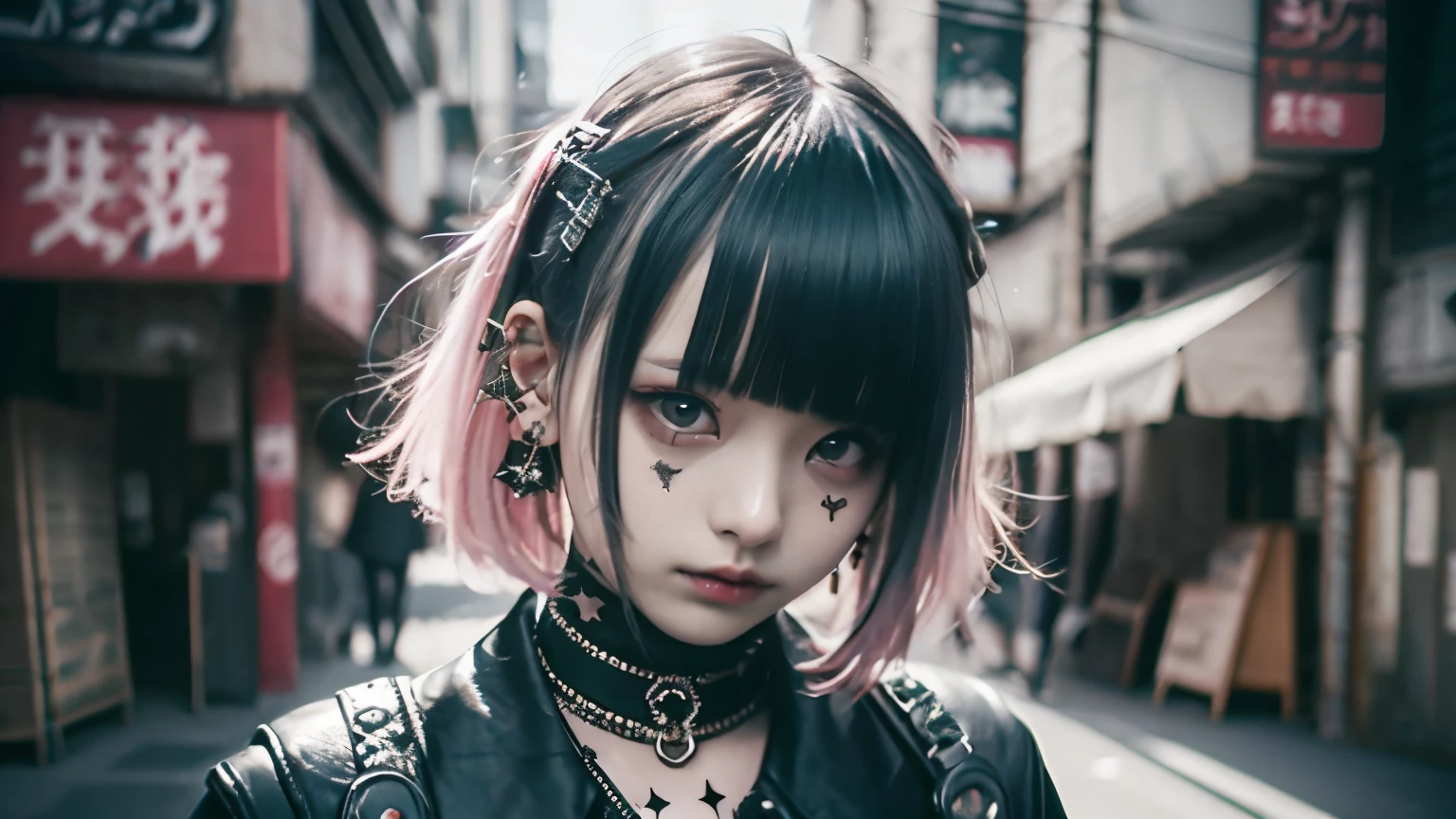Mohican、、goth、(masutepiece), (Portrait), (Aesthetic), (Beautiful), (upper blody), (High quality), (aesthetic clothings), (professional angle), (thirds rule), (Feminine), (Woman),  (Beautiful),(Feminine features), (25-years old), Solo, 1 woman, (Charming punk girl), Winters, Dramatic light,), Edgy makeup, (Small bust), , (Front face), (Defiant expression), ((defiance)), (Leather jackets and tattoos), ((Short hair)), (dyed (E.G. and pinks) hair), (spiky hair), (Thick hair), Matte Shine Hair, (Hair bands scattered in the hair), (Green eyes), (Bold and bold look), (pale skin), (Dark clothes), (Band T-shirt), (Ripped jeans), (-), crew neckline), ((Urban alley background)), (up close shot), Beautiful hands, Two hands, normal hands, Two arms, complete hands, Beautiful body, Beautiful fingers, normal fingers, Five Fingers, Five Fingers, (Thumb index finger ring finger), Beautiful ears, normal ears, Beautiful eyes, shiny eyes, Beautiful mouth, Beautiful lips,