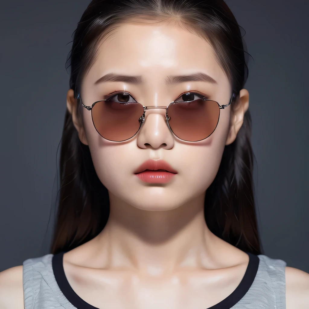 （best quality, masterpiece：1.2）, ID photo of a 13-year-old Chinese girl, sportswear, camisole，Pure cotton，gray background, Surrealism, ultra high definition, textured skin, high detail，facing the camera, 8K crocodile skeleton（（（platinum marble sunglasses）））