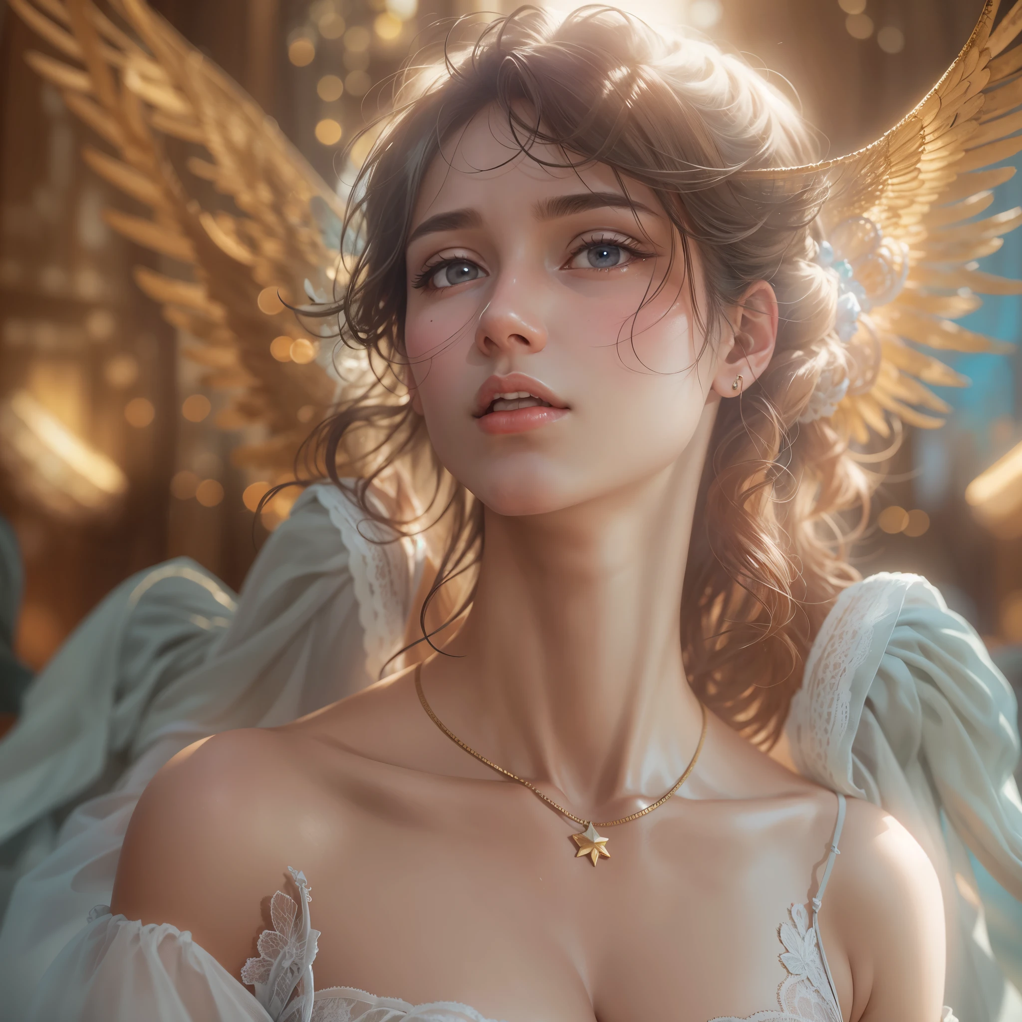 masterpiece, highest quality, 8K, real person, realistic, Very detailed CG, shiny skin, Fully focused, heaven, glory of god, shine, Angel, bless, happiness,