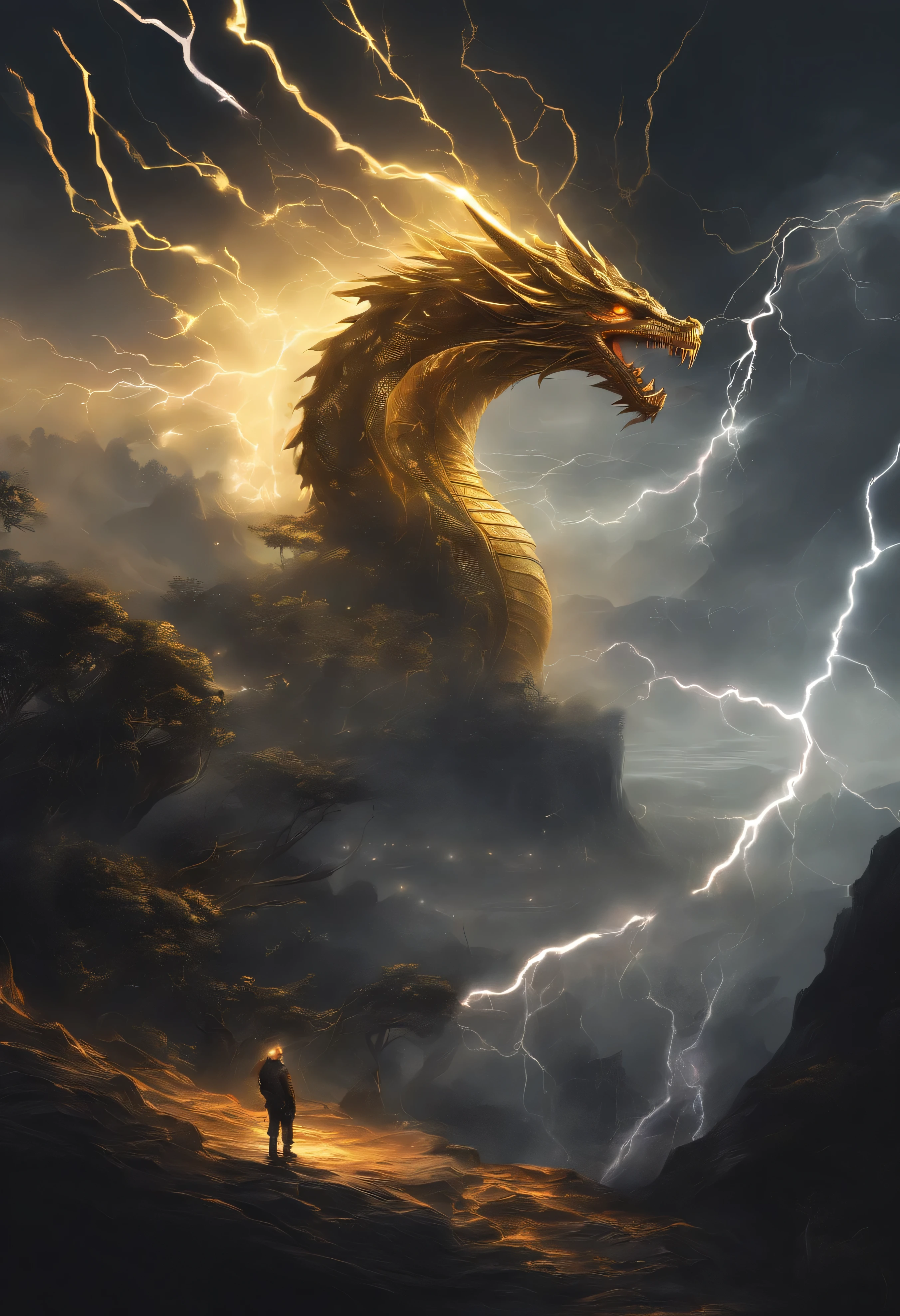 Black gold thunder and lightning,dragon,lightning,universe,transcend,,world,Tree,surface,horizon
