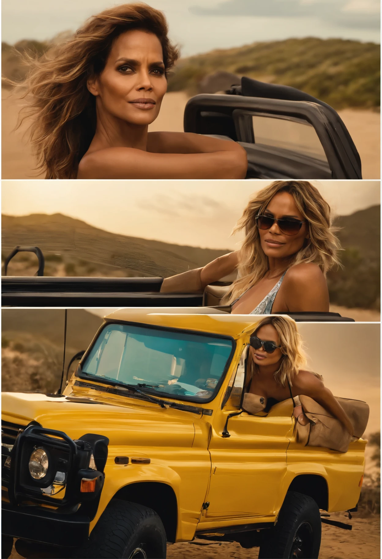 Halle Berry driving a Scannia truck with Margot Robbie in a bikini