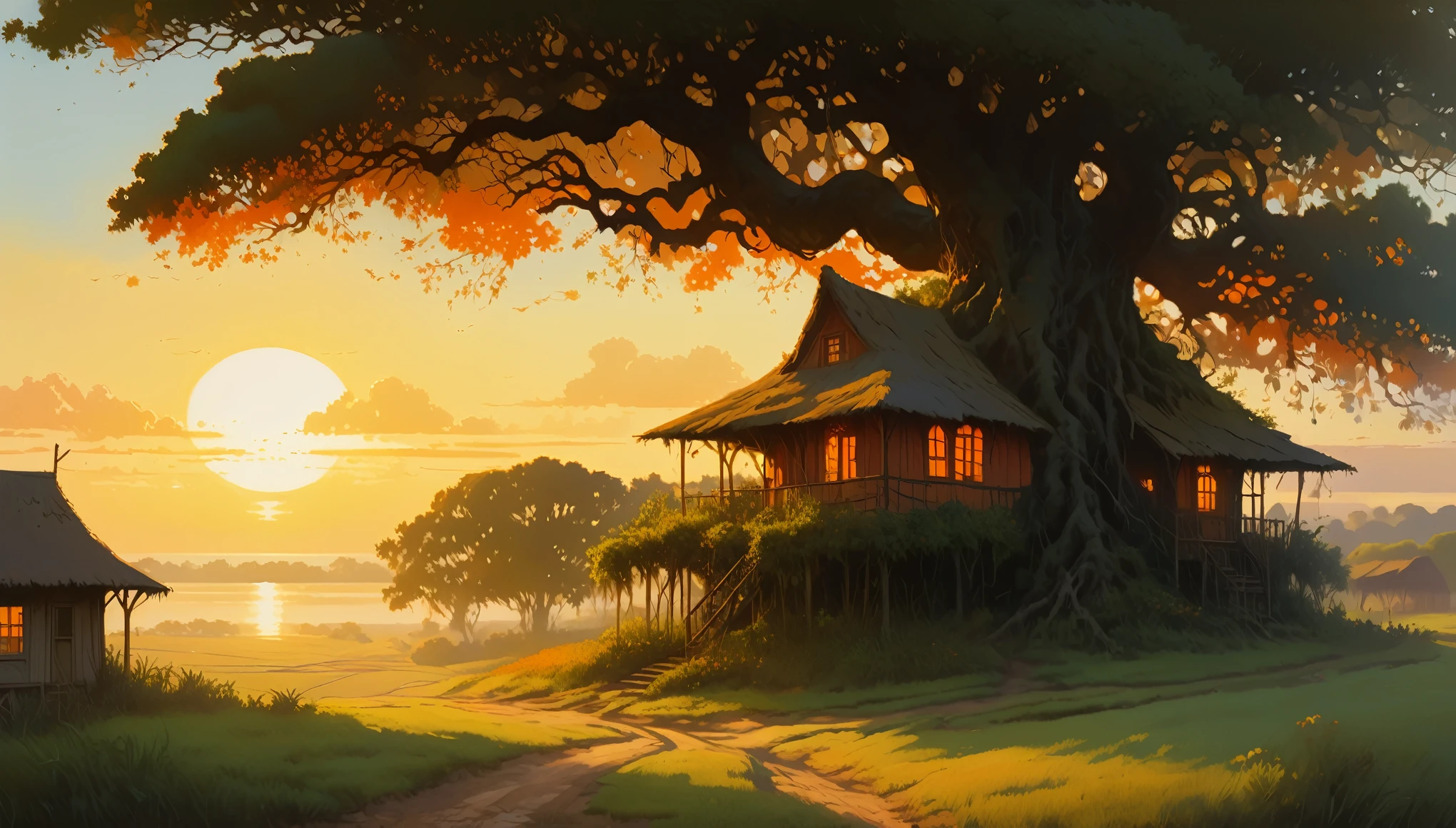 Cartoon watercolor & Oil painting illustration，显示Sunset前草原上的茅草屋顶村庄,The hut is the main component， king liam style, peaceful, 2D game art, ultra high definition images, Vibrant color palette, pixelated landscape:: Cartoon watercolor & Oil paintings by Joseph Ann Leanderke & Shepard Fairley & James Jean & Anders Zorn & Jeremy Mann & Alphonse Mucha, Savannah’s thatched roof villages，red，orange color，Black color palette，There are acacia trees, motion graphics, flowerpunk, Afropunk, intricate details, Dynamic, dramatic lighting, The light from the rear window is backlit, rake light, Bright colors:: Erin Hansen & Donato Giancola & nicholas of starr, Sunset, Thatched roof village on the plains of Savannah, large acacia tree, cumulus, Super detailed, movie lighting, long shadow, Saturation contrast