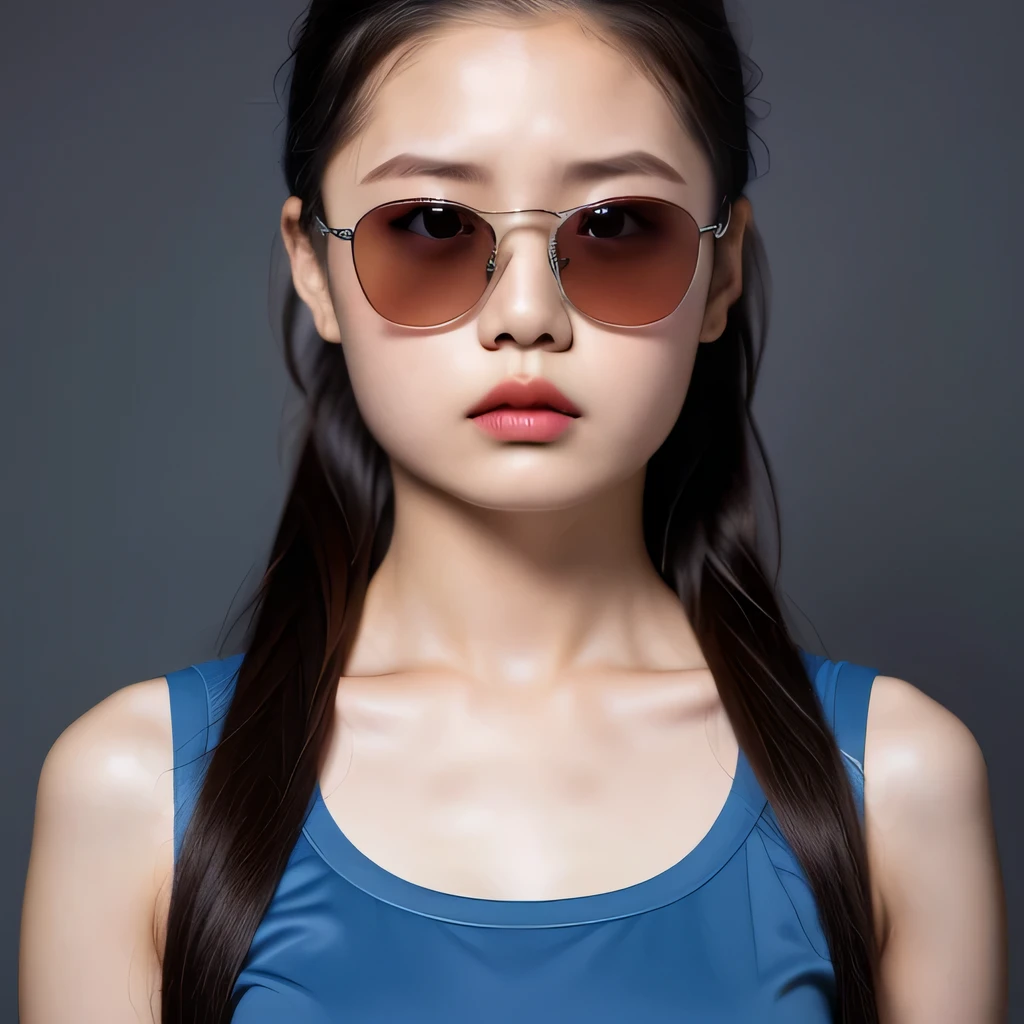 （best quality, masterpiece：1.2）, ID photo of a 13-year-old Chinese girl, sportswear, camisole，Pure cotton，gray background, Surrealism, ultra high definition, textured skin, high detail，facing the camera, 8K crocodile skeleton（（（platinum marble sunglasses）））