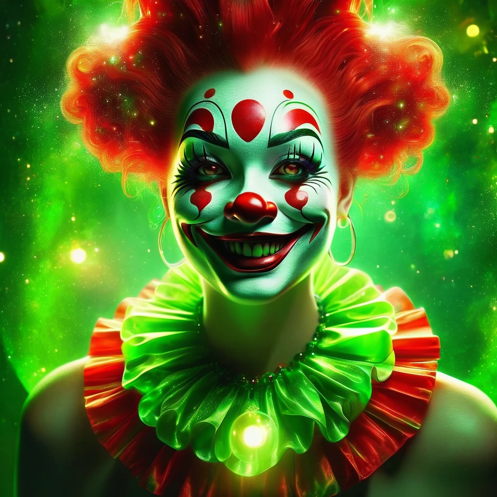 (best quality,4k,highres:1.2),ultra-detailed,realistic,abstract art,jade medallion,shining brightly,cheerful clown girl,medallion emits strong green light,vivid colors,sharp focus,physically-based rendering,ultra-fine painting,studio lighting