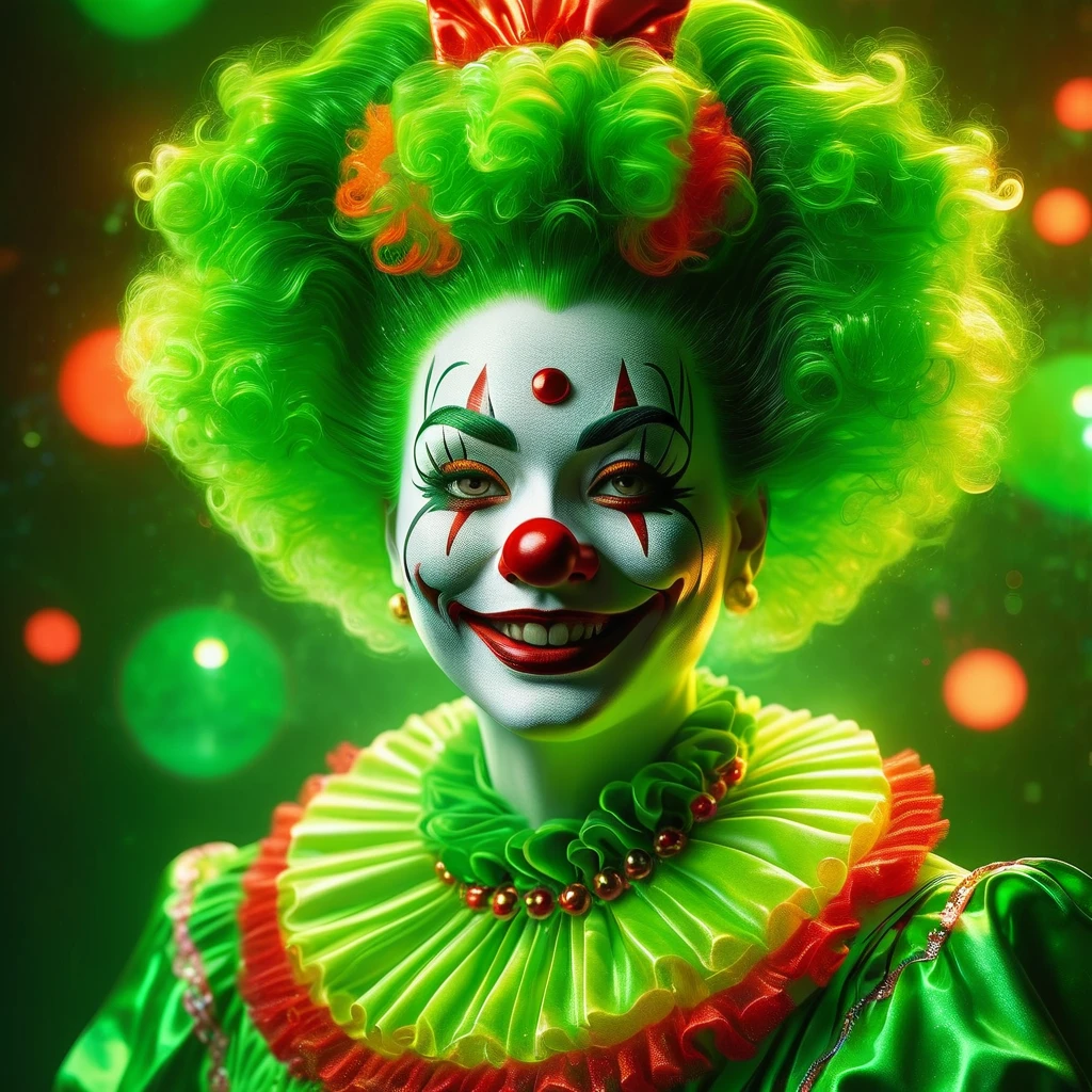 (best quality,4k,highres:1.2),ultra-detailed,realistic,abstract art,jade medallion,shining brightly,cheerful clown girl,medallion emits strong green light,vivid colors,sharp focus,physically-based rendering,ultra-fine painting,studio lighting