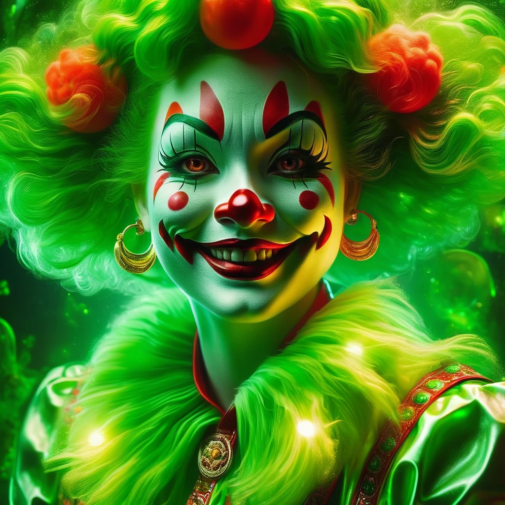 (best quality,4k,highres:1.2),ultra-detailed,realistic,abstract art,jade medallion,shining brightly,cheerful clown girl,medallion emits strong green light,vivid colors,sharp focus,physically-based rendering,ultra-fine painting,studio lighting