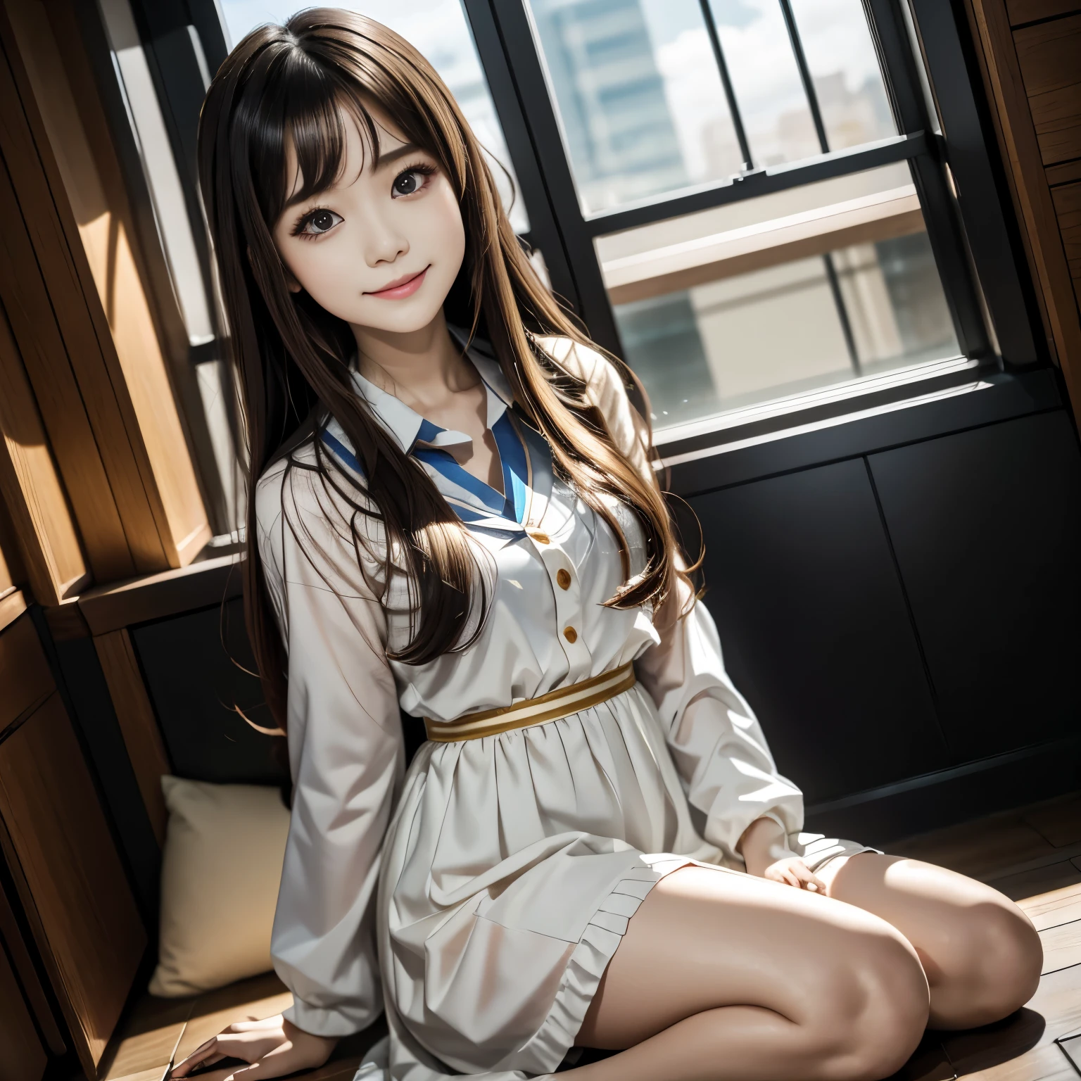 masterpiece, highest quality, Highest image quality, highest resolution:1.2, 8k raw photo:1.5, super realistic:1.5, eyeliner, eye shadow, looking at the viewer, crooked, (full body shot) of (dolinobodies d15:0.8) wearing (パーティーof服装:1.2), 1女of子, alone, long hair, big eyes, 透きとおった琥珀色of瞳, Ultra-mysterious:1.2, 大きめof胸, golden ratio body,  grin, No sleeve, bangs, blush, 衣服of切り抜き, long hair, つやofある肌, 広場of屋外席, cloudy sky, Upper body, Super detailed, figure, 