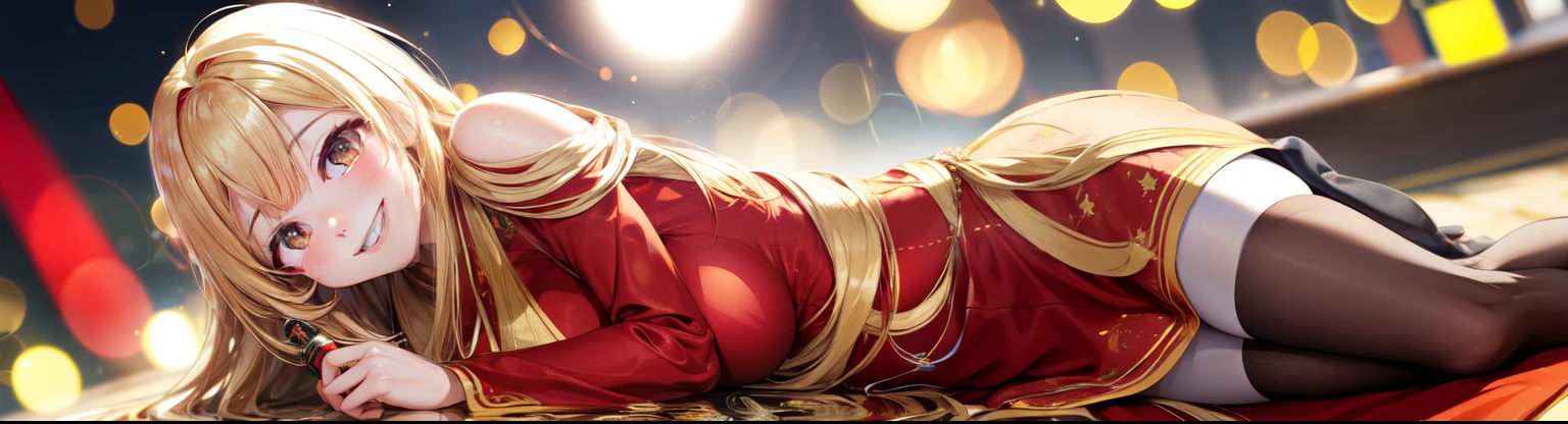 Full HD, Super detailed, high quality, master likes it, Bokeh, woman, 30 years, stockings, red midi dress, compensate,Smile, Lens flare,long hair,blonde,lying