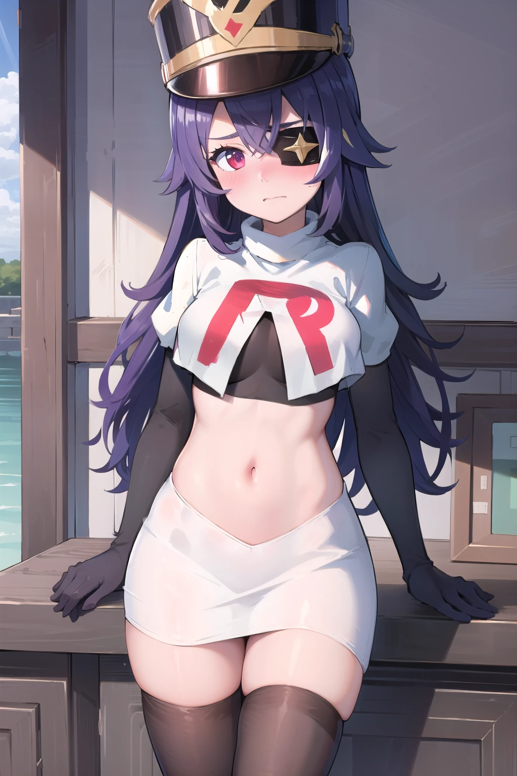 ((masterpiece,best quality)), 1girl, chevreuse, shako cap, eyepatch, blush, team rocket,team rocket uniform, red letter R, white skirt,white crop top,black thigh-highs,black elbow gloves, embarrassed, blush